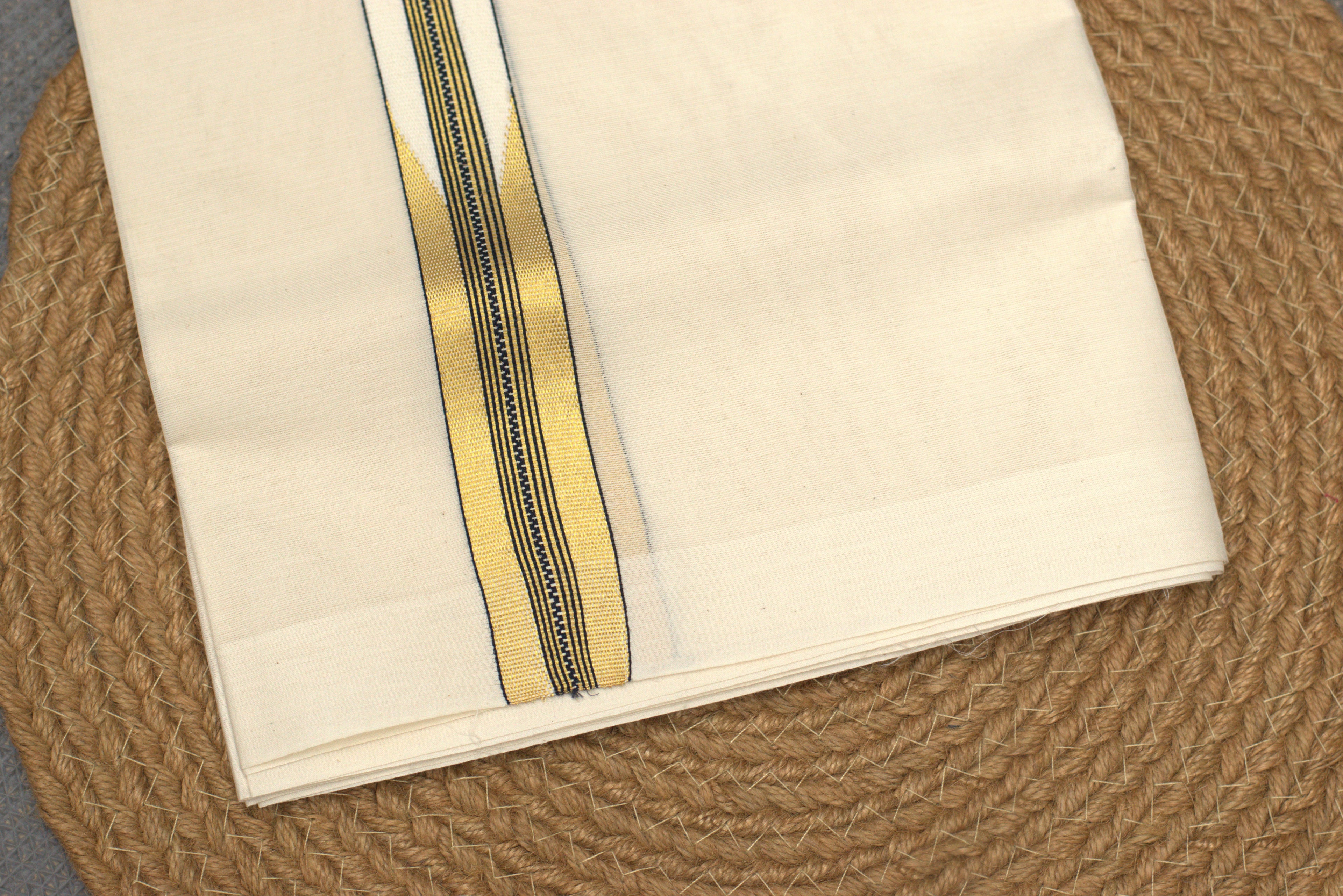 Premium Off-White Cotton Double Mundu with Golden Zari Border (Kodi Mundu)