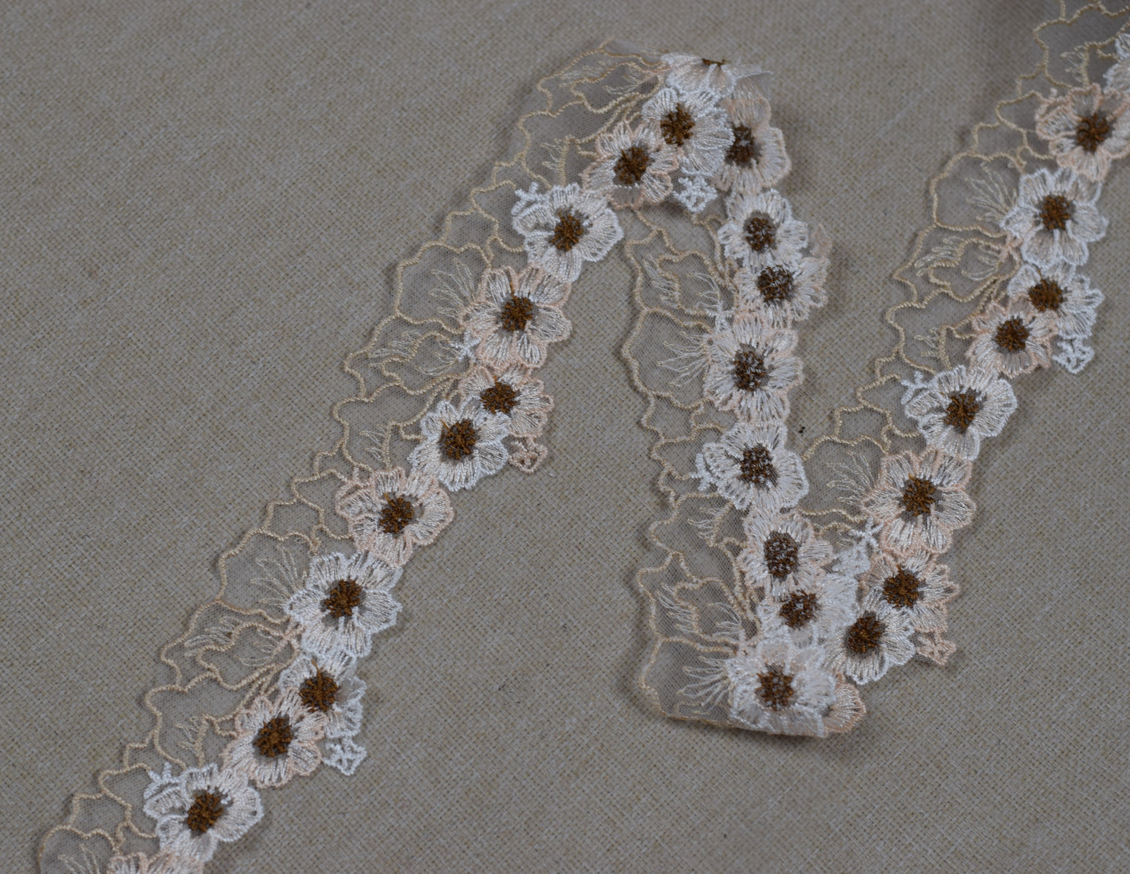 Floral Embroidered Net Lace Trim – White & Beige | 10 Yards (9.1 m) Decorative Sewing & Craft Lace