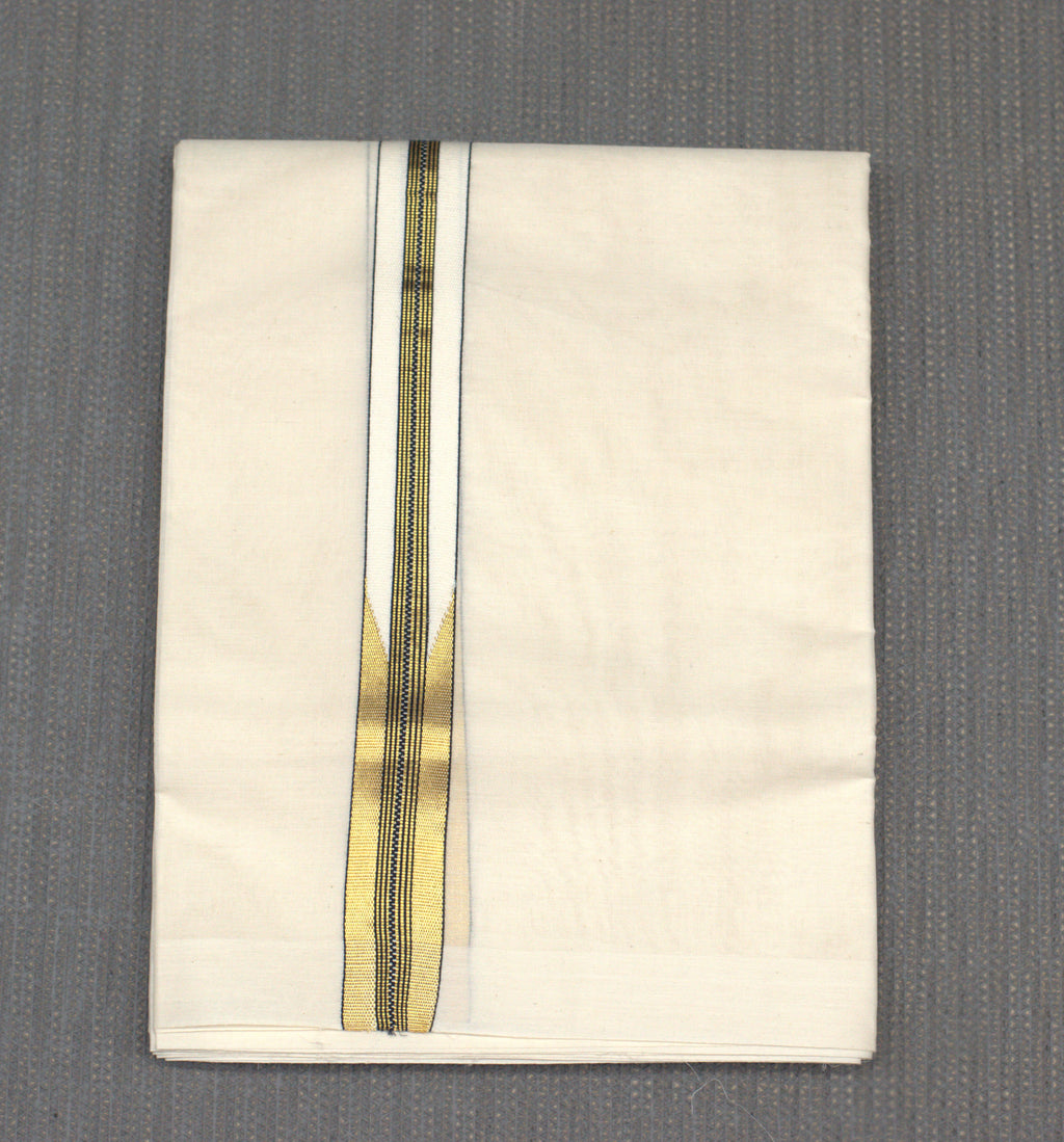 Premium Off-White Cotton Double Mundu with Golden Zari Border (Kodi Mundu)