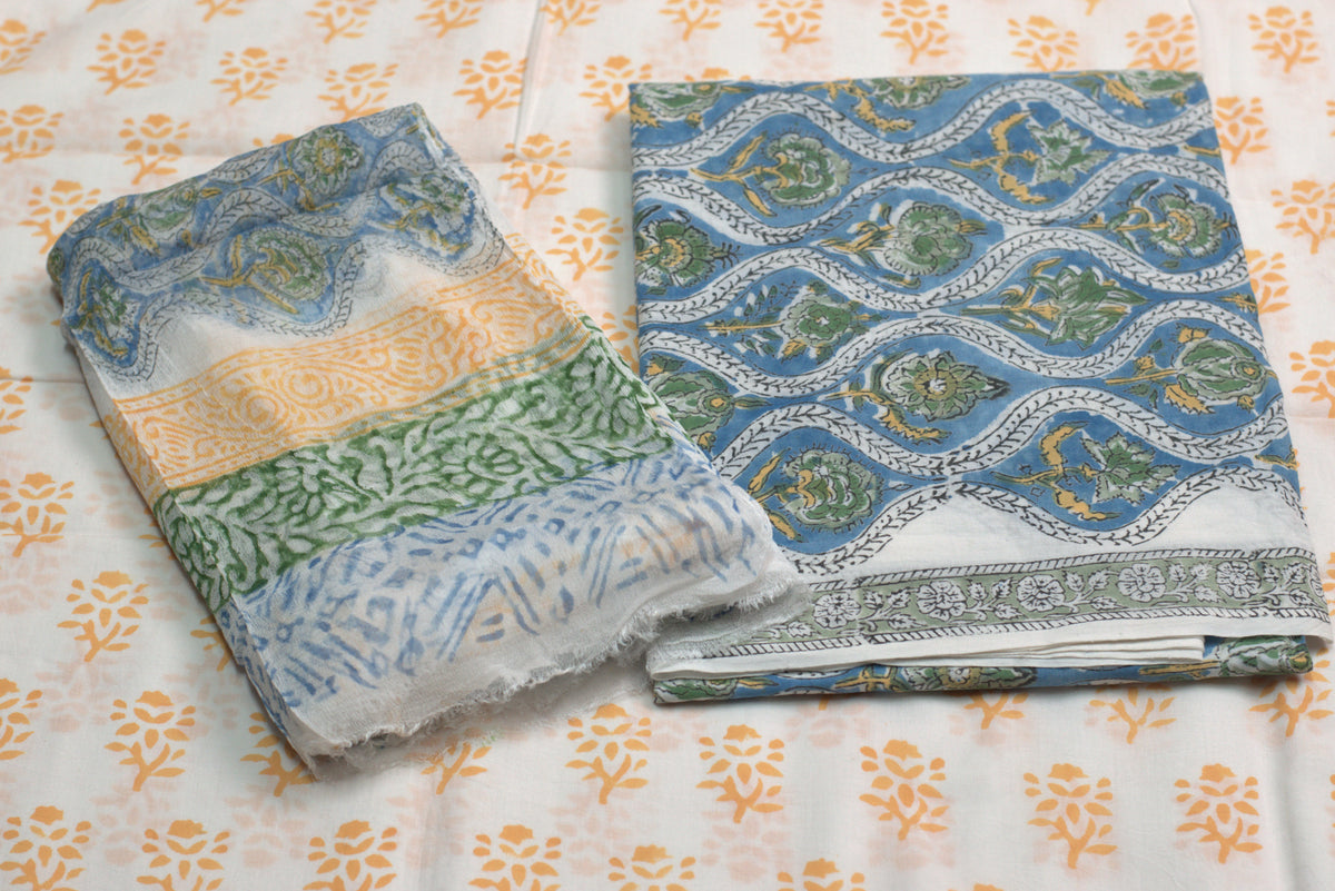 Blue & Green Floral Printed Churidar Set Material