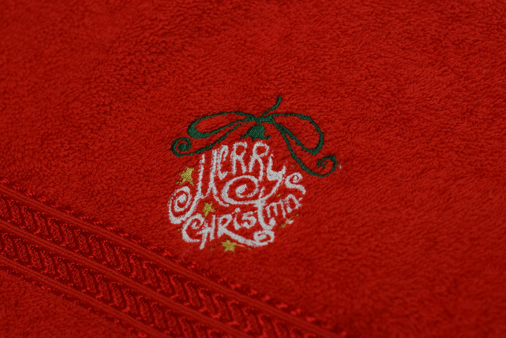 Red Turkish Embroidered Hand Towel – “Merry Christmas” Design– 19x38 Inches
