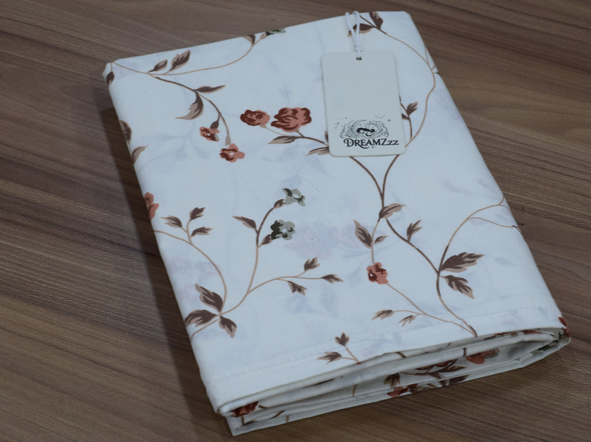 Premium Off-White Floral Cotton Blend Queen Bedsheet Set with 2 Pillow Covers (90" x 100")