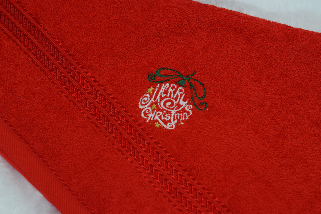 Red Turkish Embroidered Hand Towel – “Merry Christmas” Design– 19x38 Inches