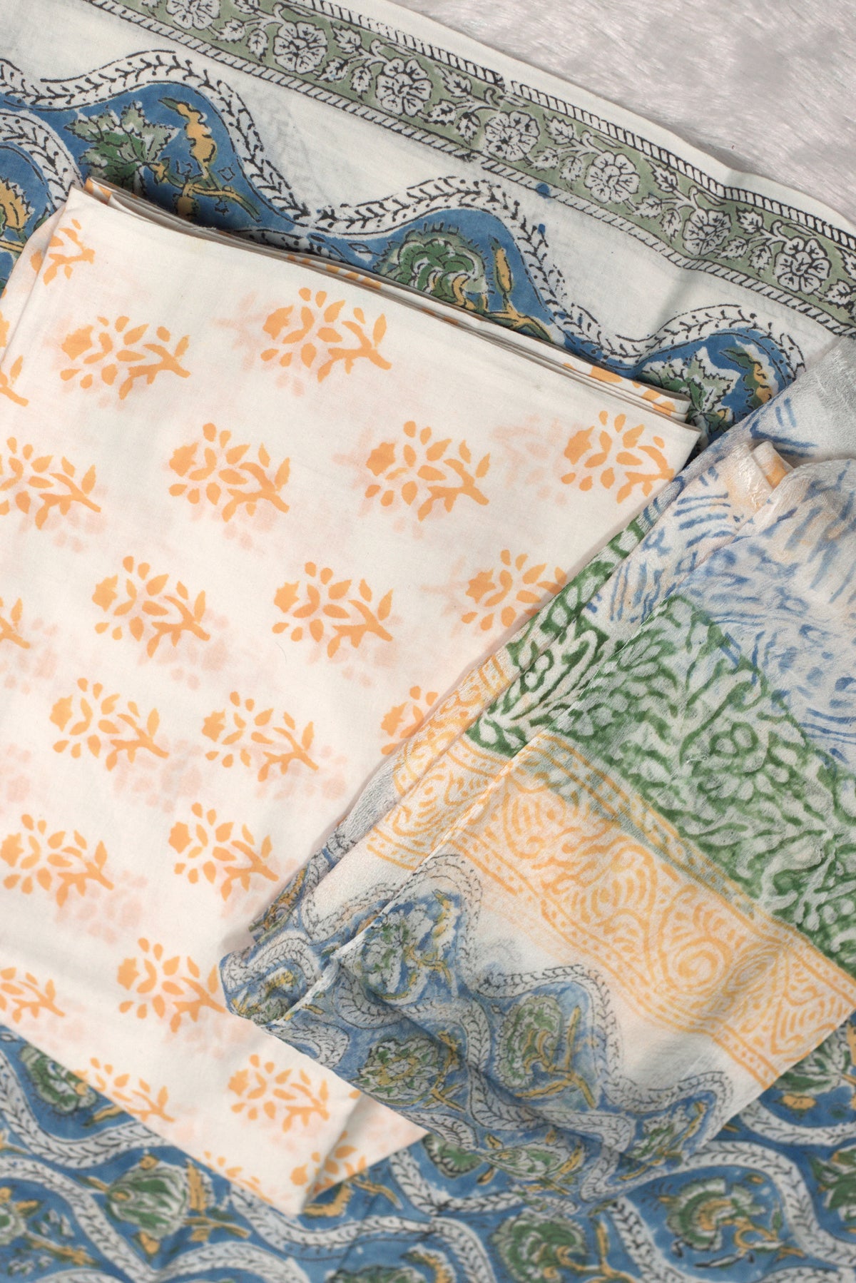 Blue & Green Floral Printed Churidar Set Material