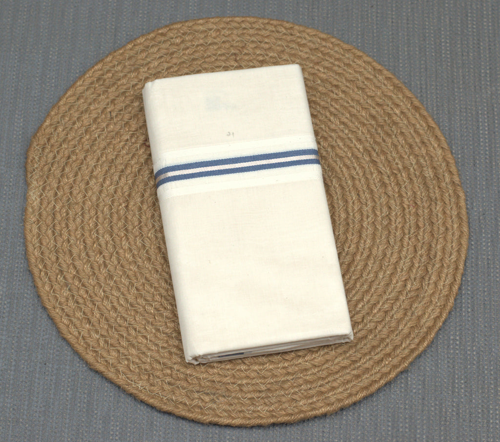 Elegant Off-White Cotton Double Mundu with Blue & Silver Border (Kodi Mundu)