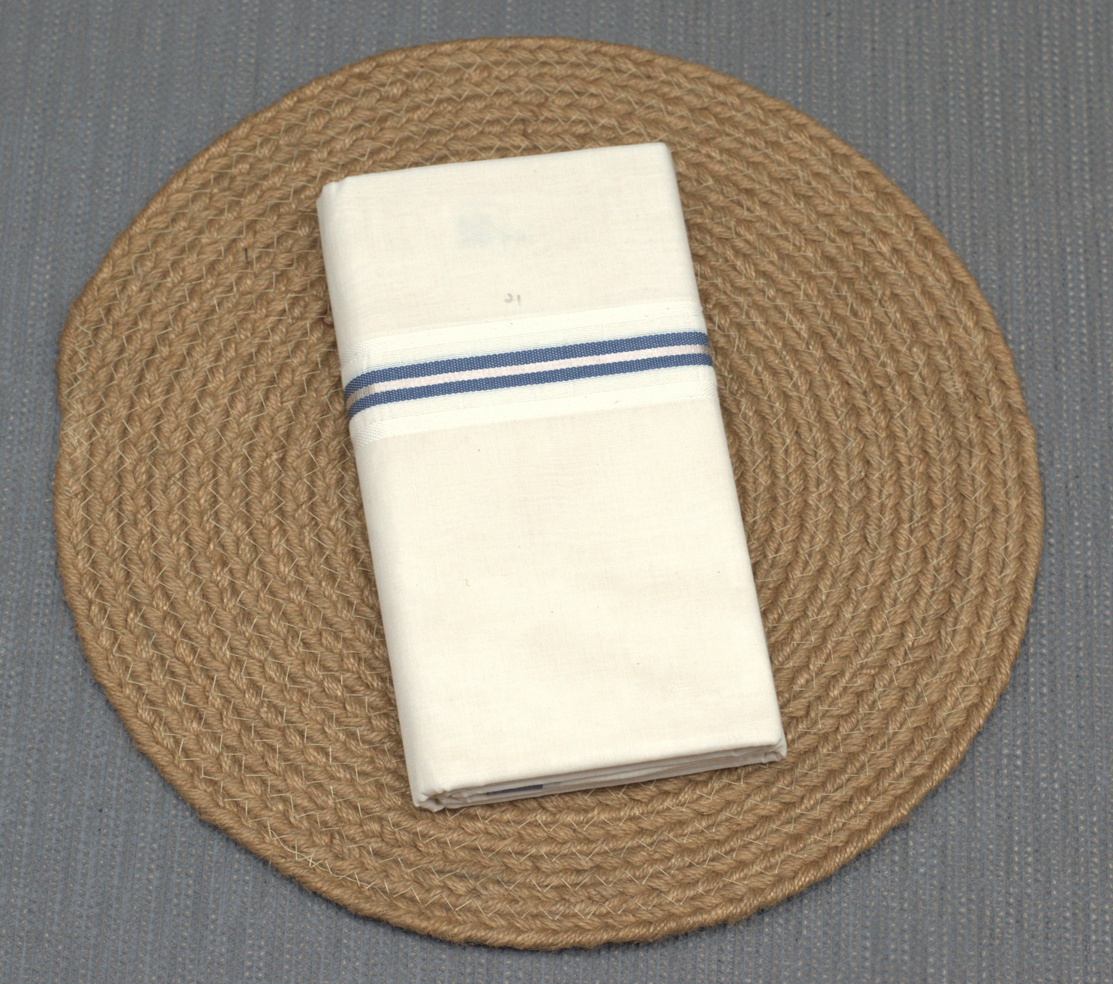 Elegant Off-White Cotton Double Mundu with Blue & Silver Border (Kodi Mundu)