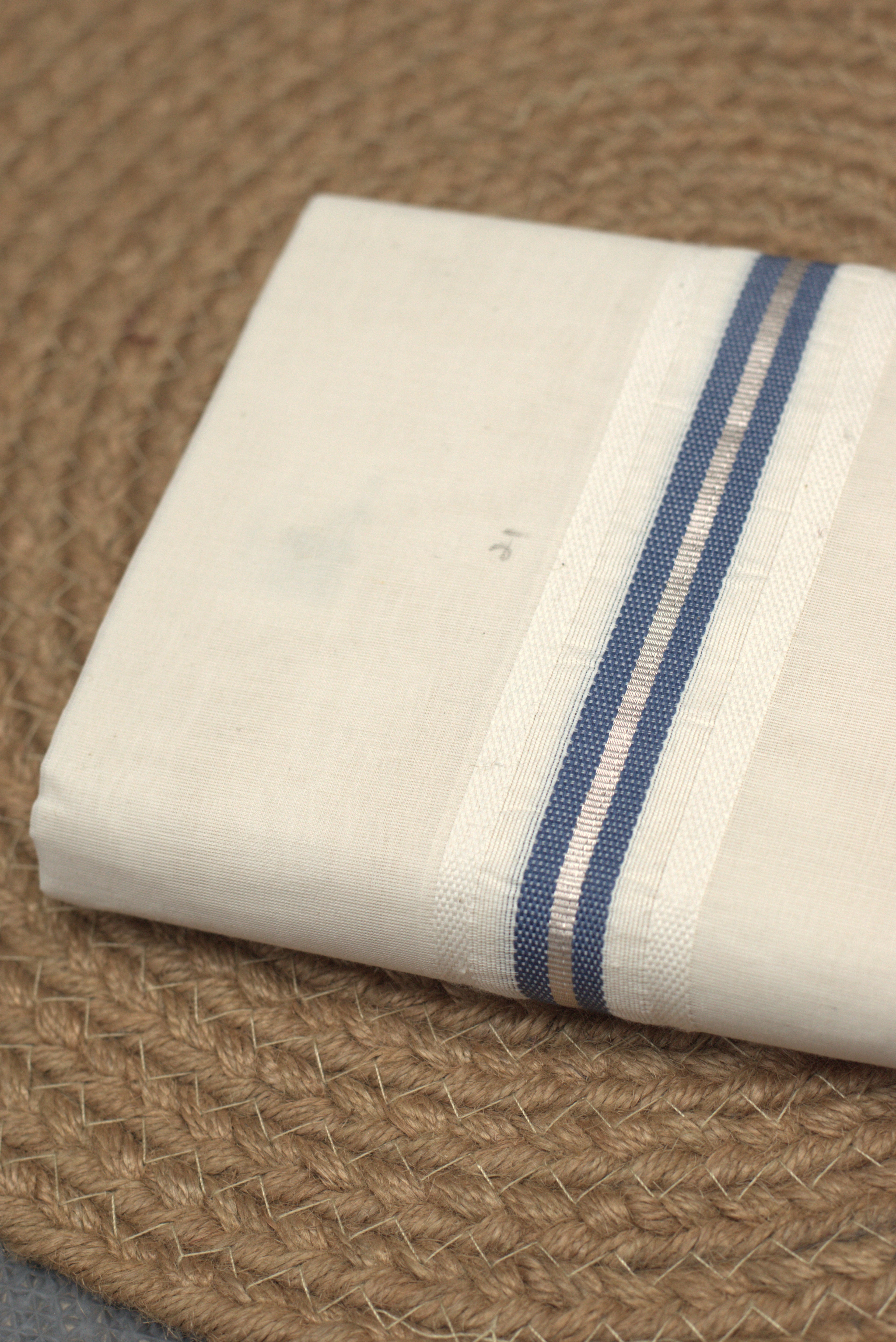 Elegant Off-White Cotton Double Mundu with Blue & Silver Border (Kodi Mundu)