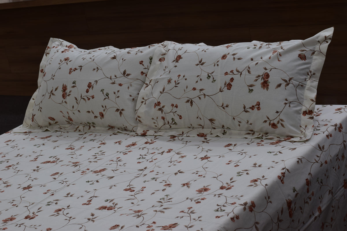 Premium Off-White Floral Cotton Blend Queen Bedsheet Set with 2 Pillow Covers (90" x 100")