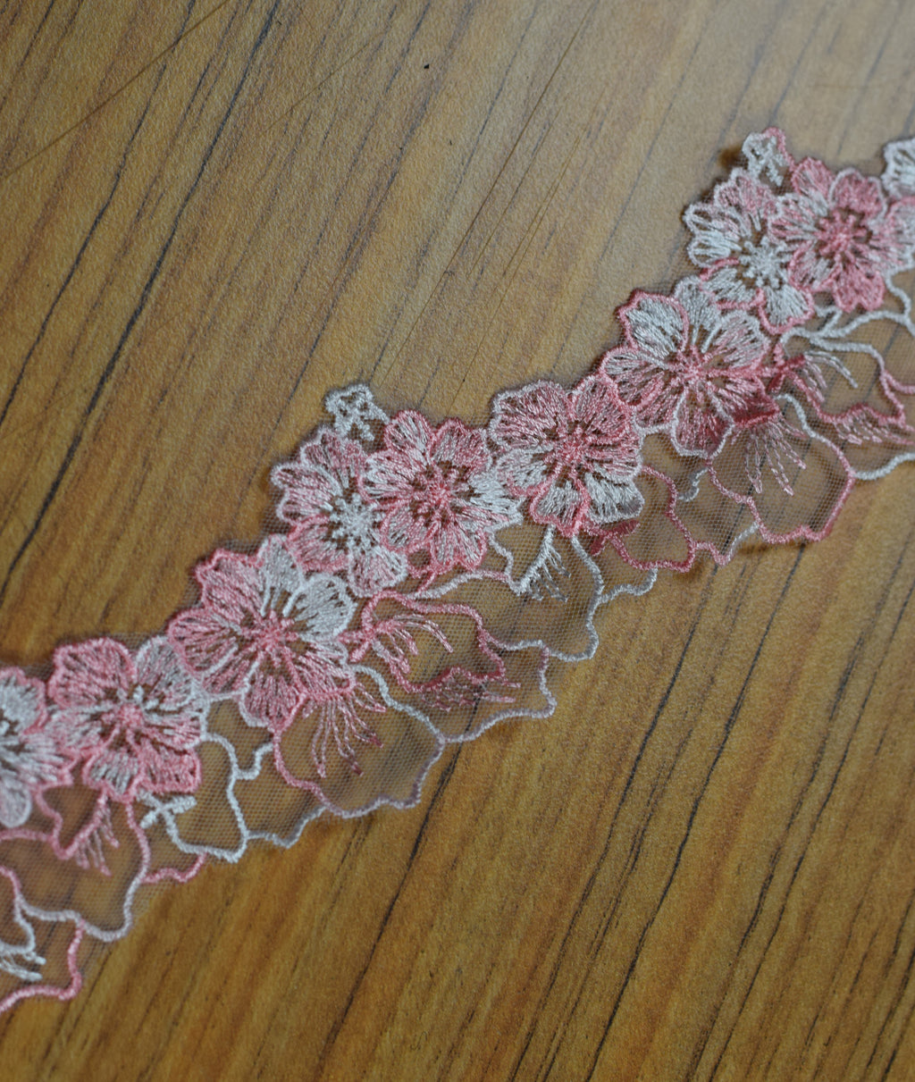 Premium Floral Embroidered Lace Trim – Pink & White Mesh Border | 15 Yards (13.7 Meters) | Sewing, Dress, Saree & Craft Lace