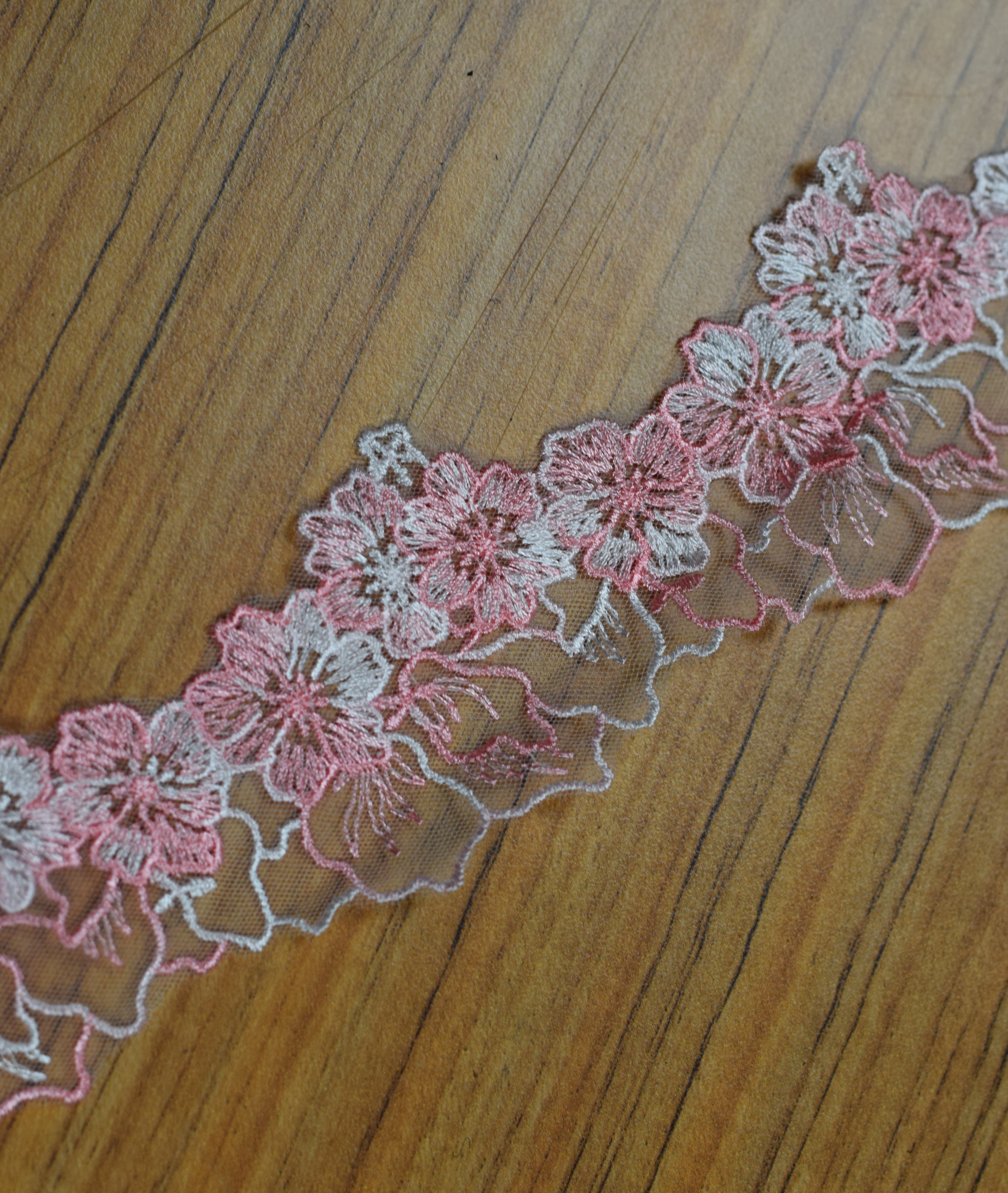 Premium Floral Embroidered Lace Trim – Pink & White Mesh Border | 15 Yards (13.7 Meters) | Sewing, Dress, Saree & Craft Lace