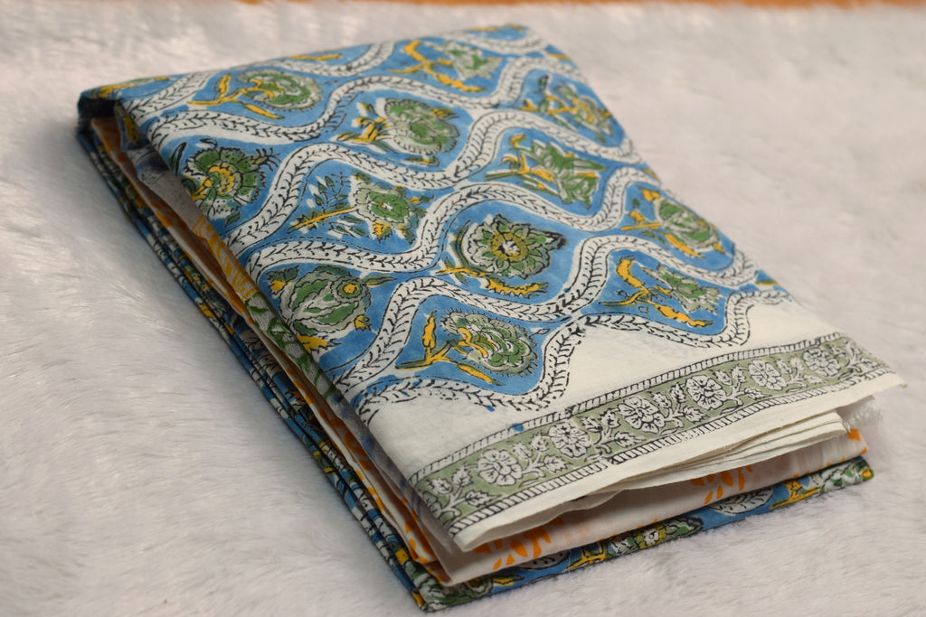 Blue & Green Floral Printed Churidar Set Material