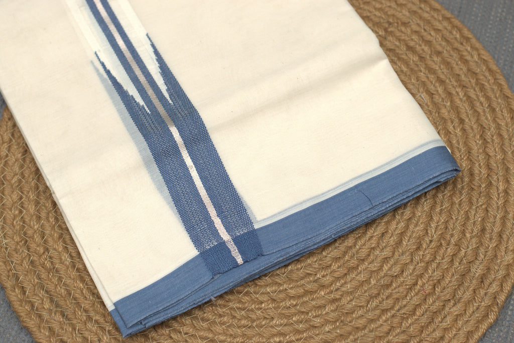 Elegant Off-White Cotton Double Mundu with Blue & Silver Border (Kodi Mundu)