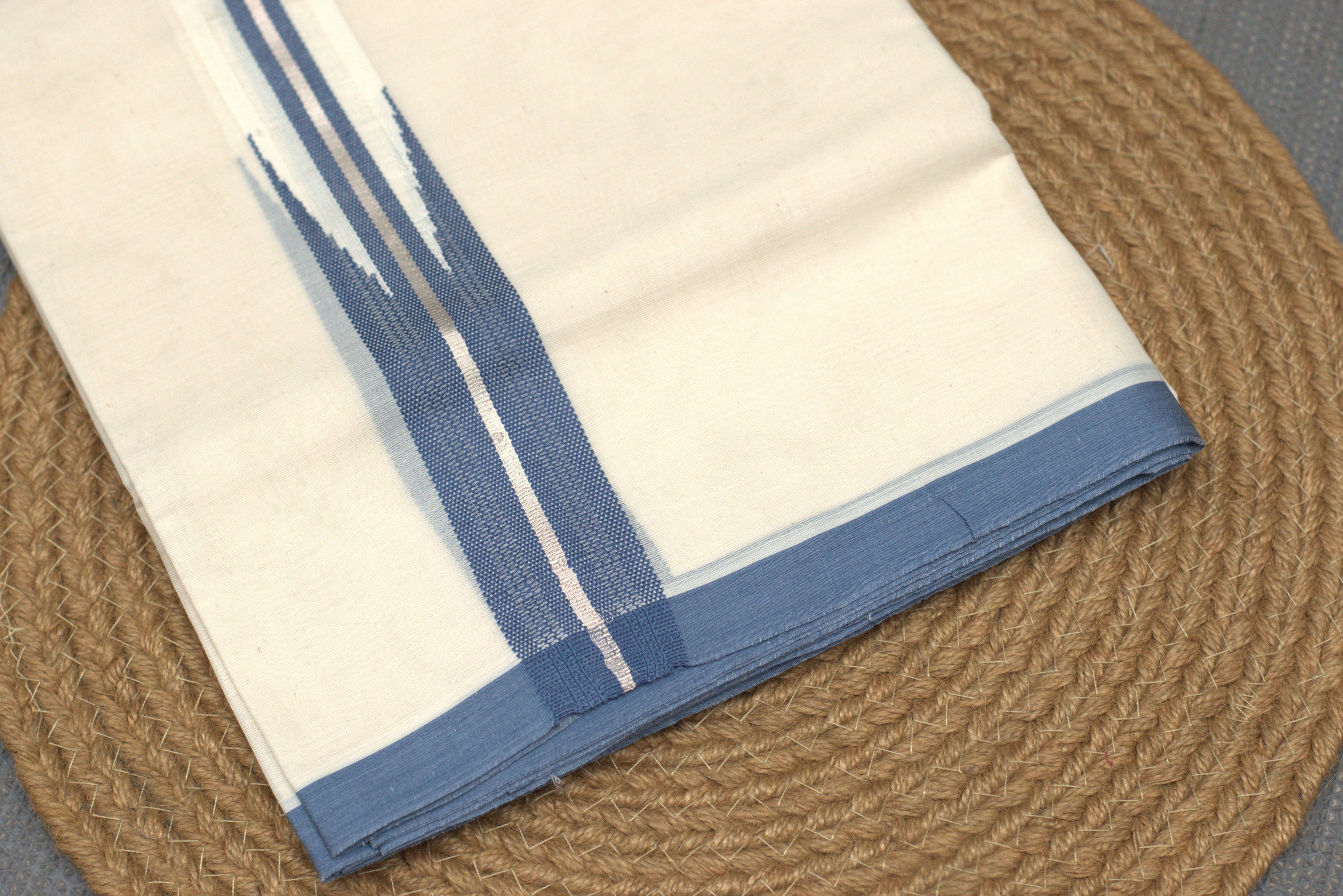 Elegant Off-White Cotton Double Mundu with Blue & Silver Border (Kodi Mundu)