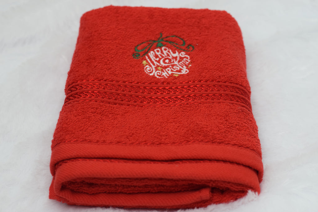 Red Turkish Embroidered Hand Towel – “Merry Christmas” Design– 19x38 Inches