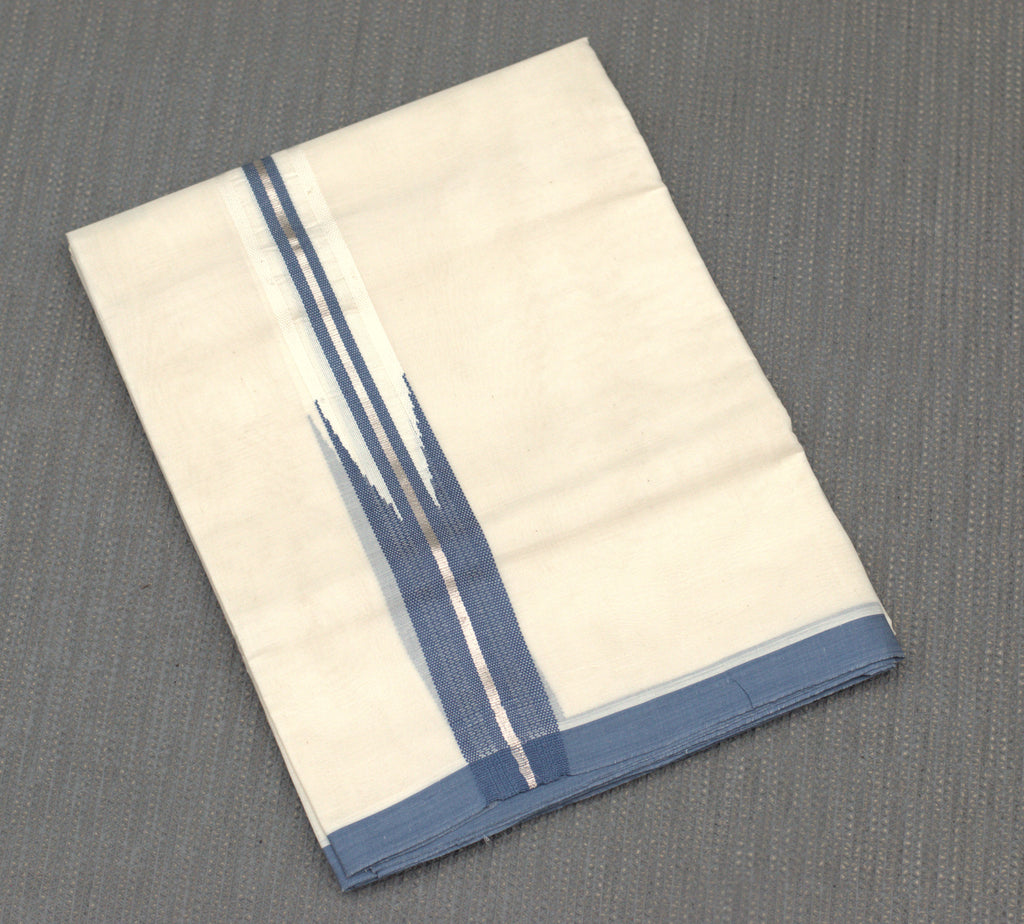 Elegant Off-White Cotton Double Mundu with Blue & Silver Border (Kodi Mundu)