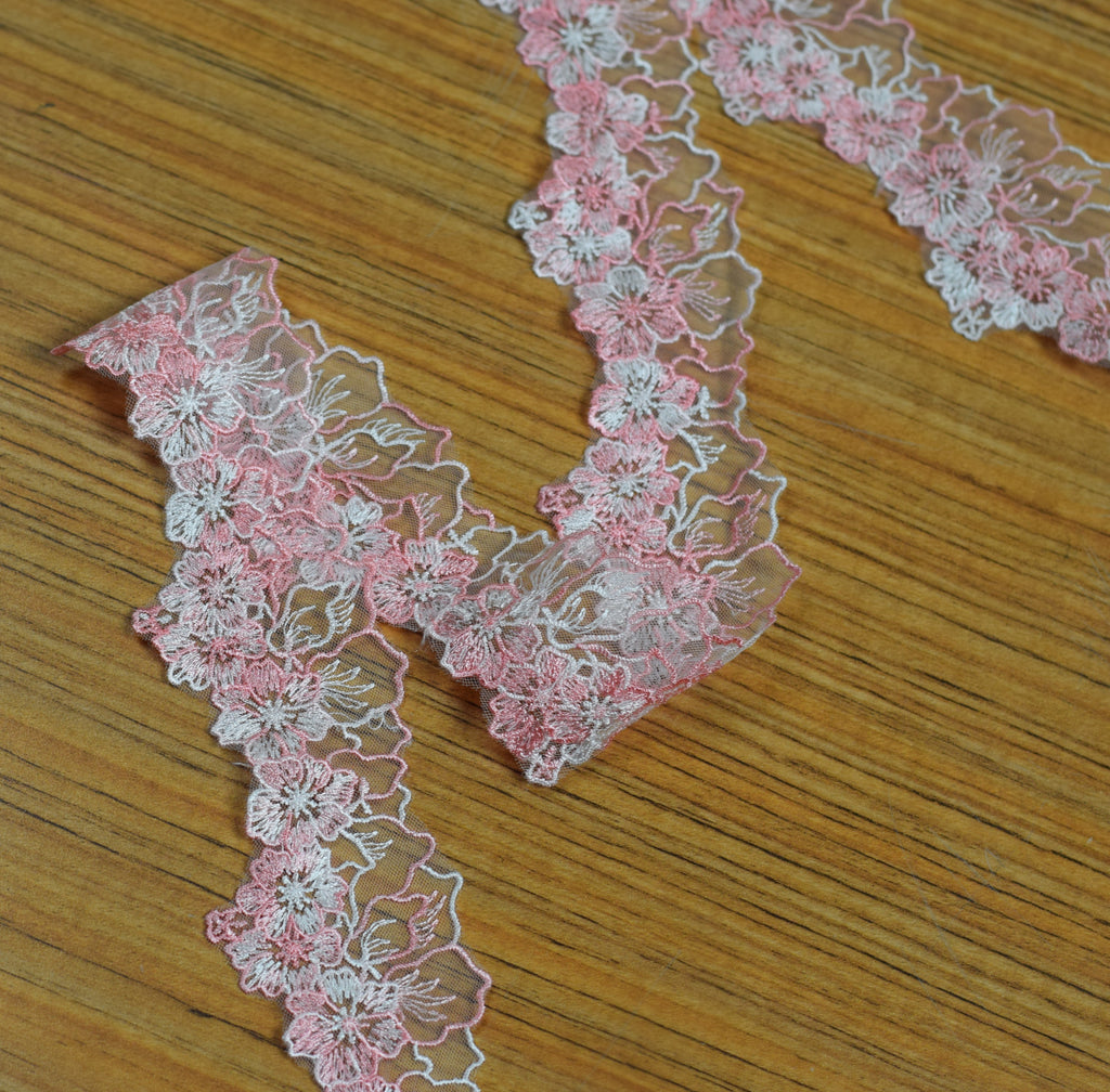 Premium Floral Embroidered Lace Trim – Pink & White Mesh Border | 15 Yards (13.7 Meters) | Sewing, Dress, Saree & Craft Lace
