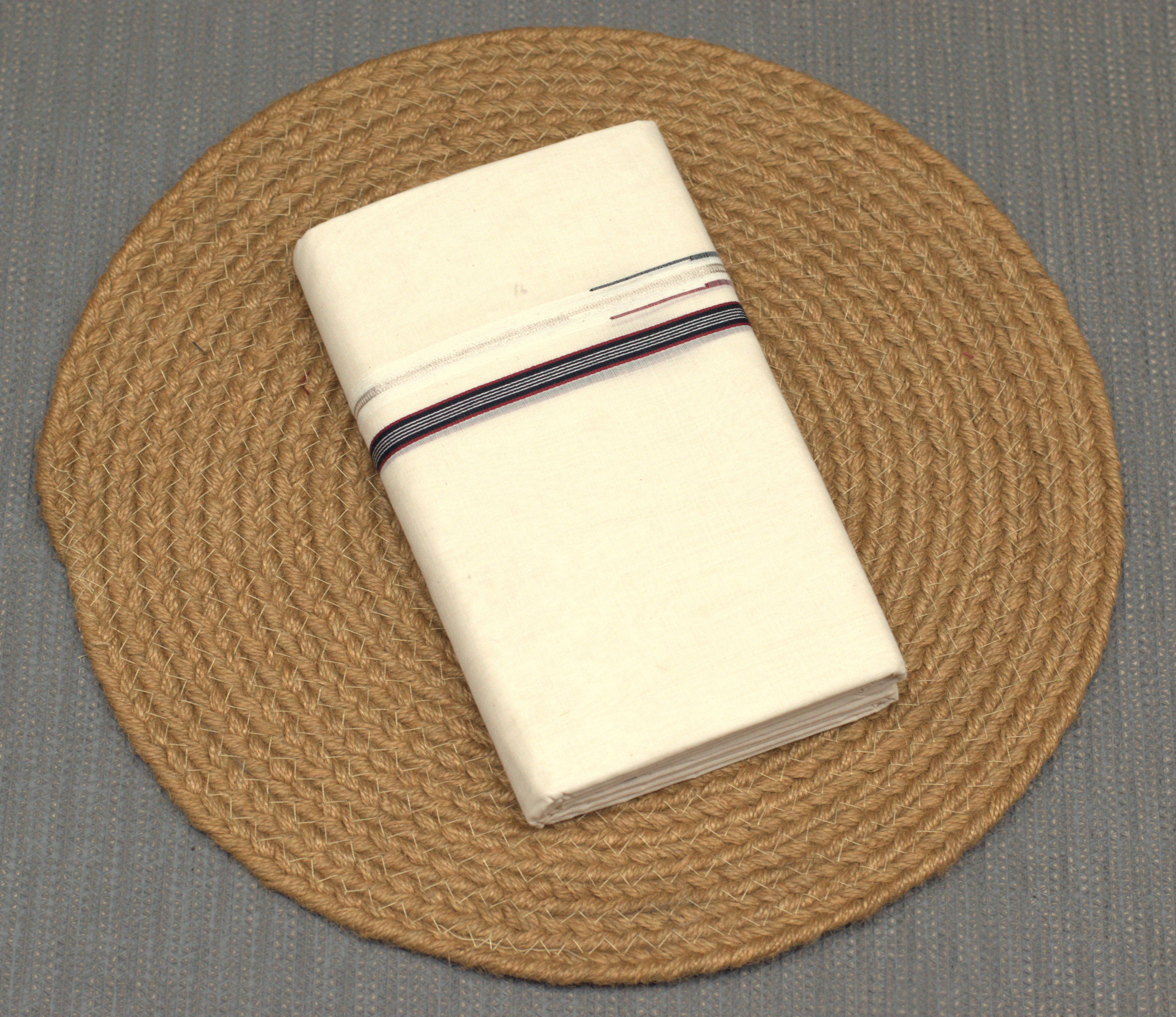 Classic Off-White Cotton Double Mundu with Multi-Color Maroon & Navy Border