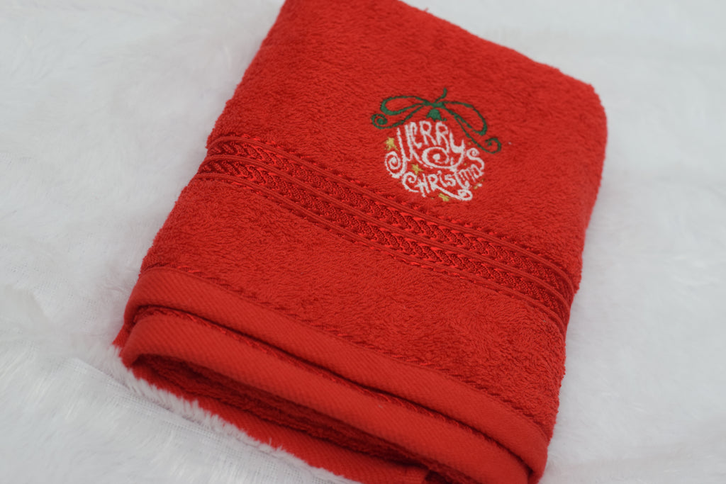 Red Turkish Embroidered Hand Towel – “Merry Christmas” Design– 19x38 Inches