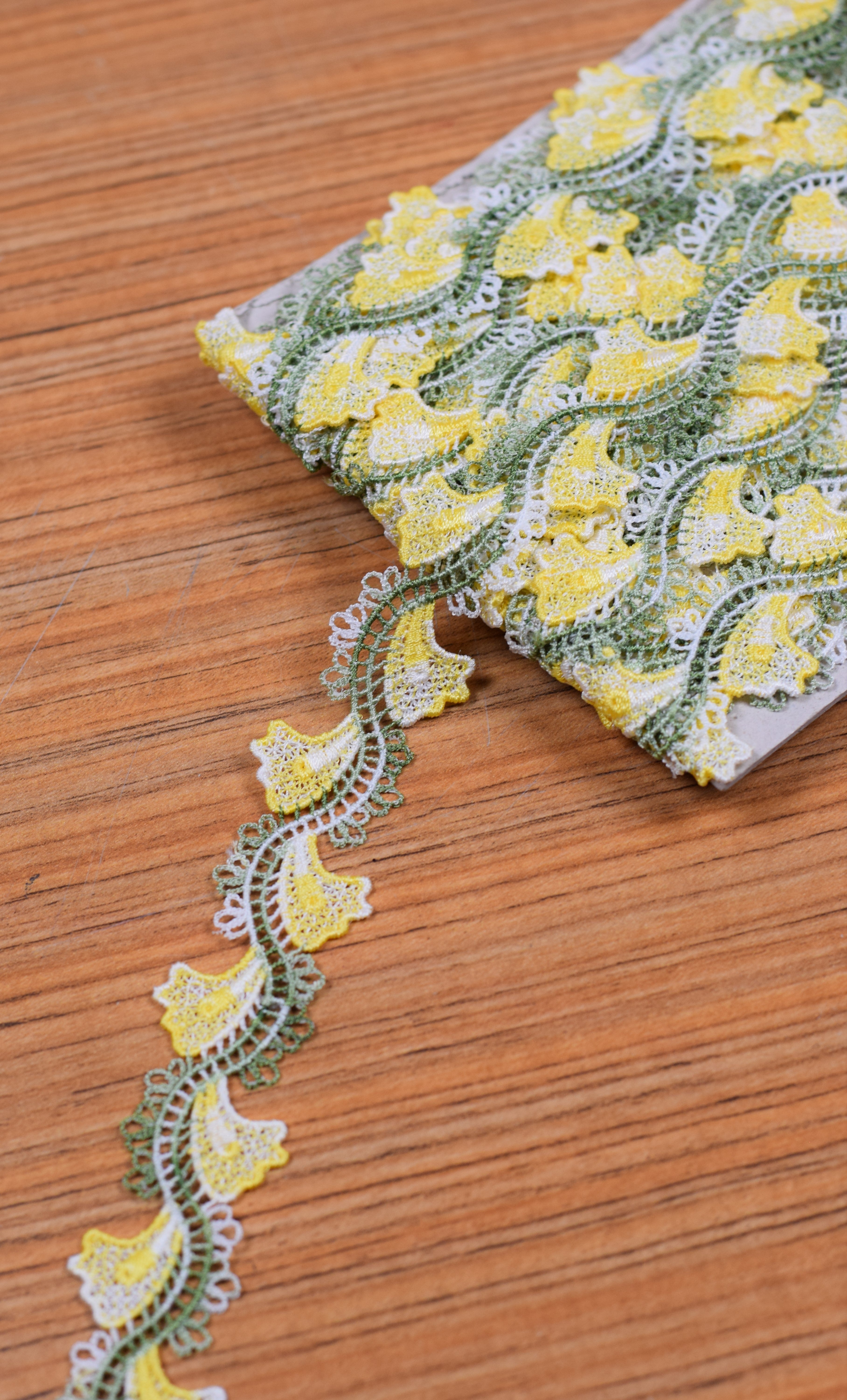 Yellow & Olive Green Floral Embroidered Lace Trim – 15 Yards (13.7 Meters) Decorative Border for Sarees, Blouses, Dresses &amp; Craft Projects