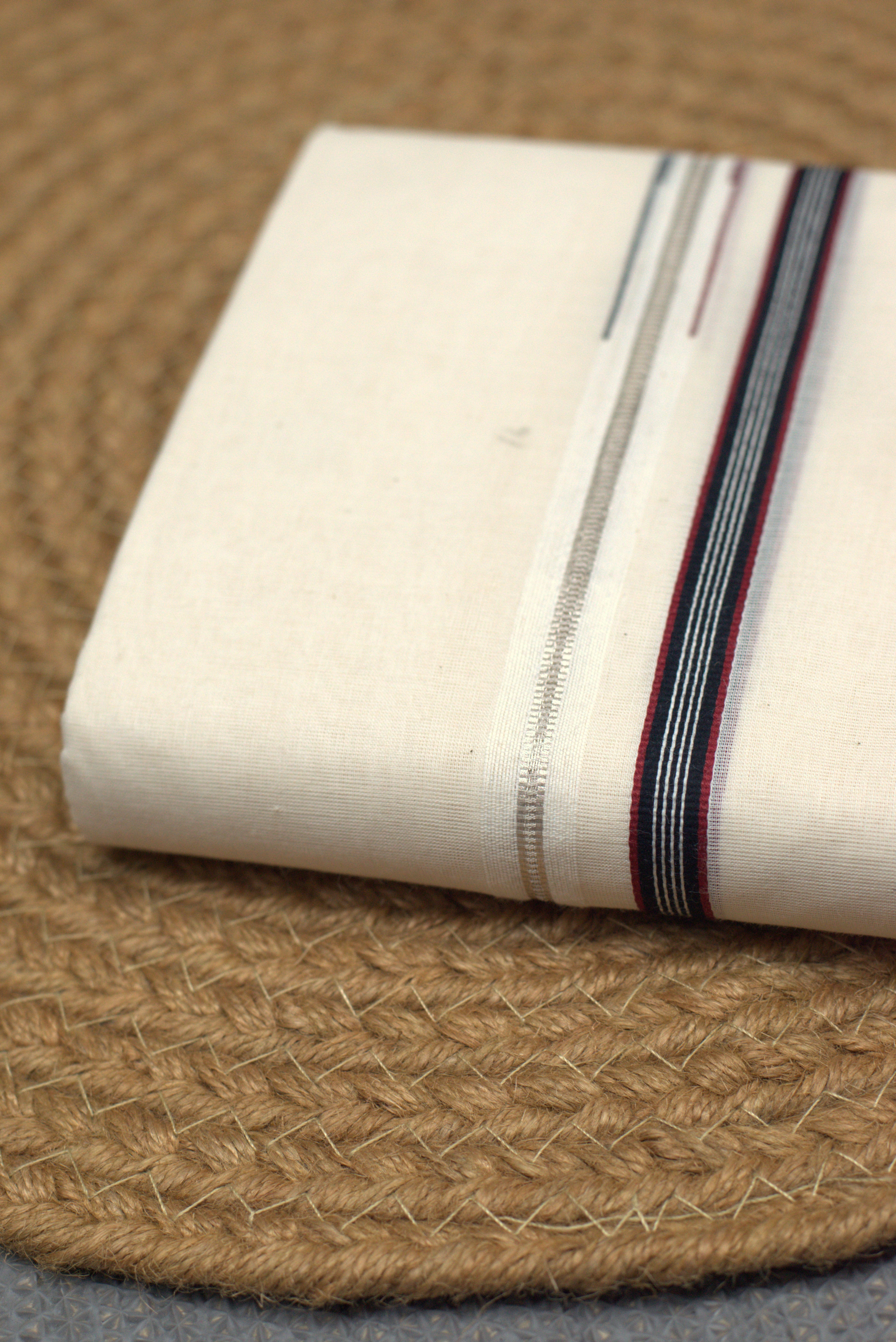 Classic Off-White Cotton Double Mundu with Multi-Color Maroon & Navy Border