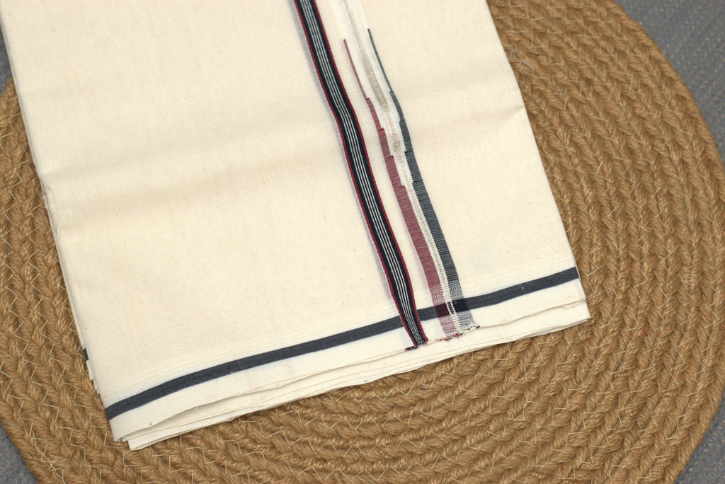 Classic Off-White Cotton Double Mundu with Multi-Color Maroon & Navy Border