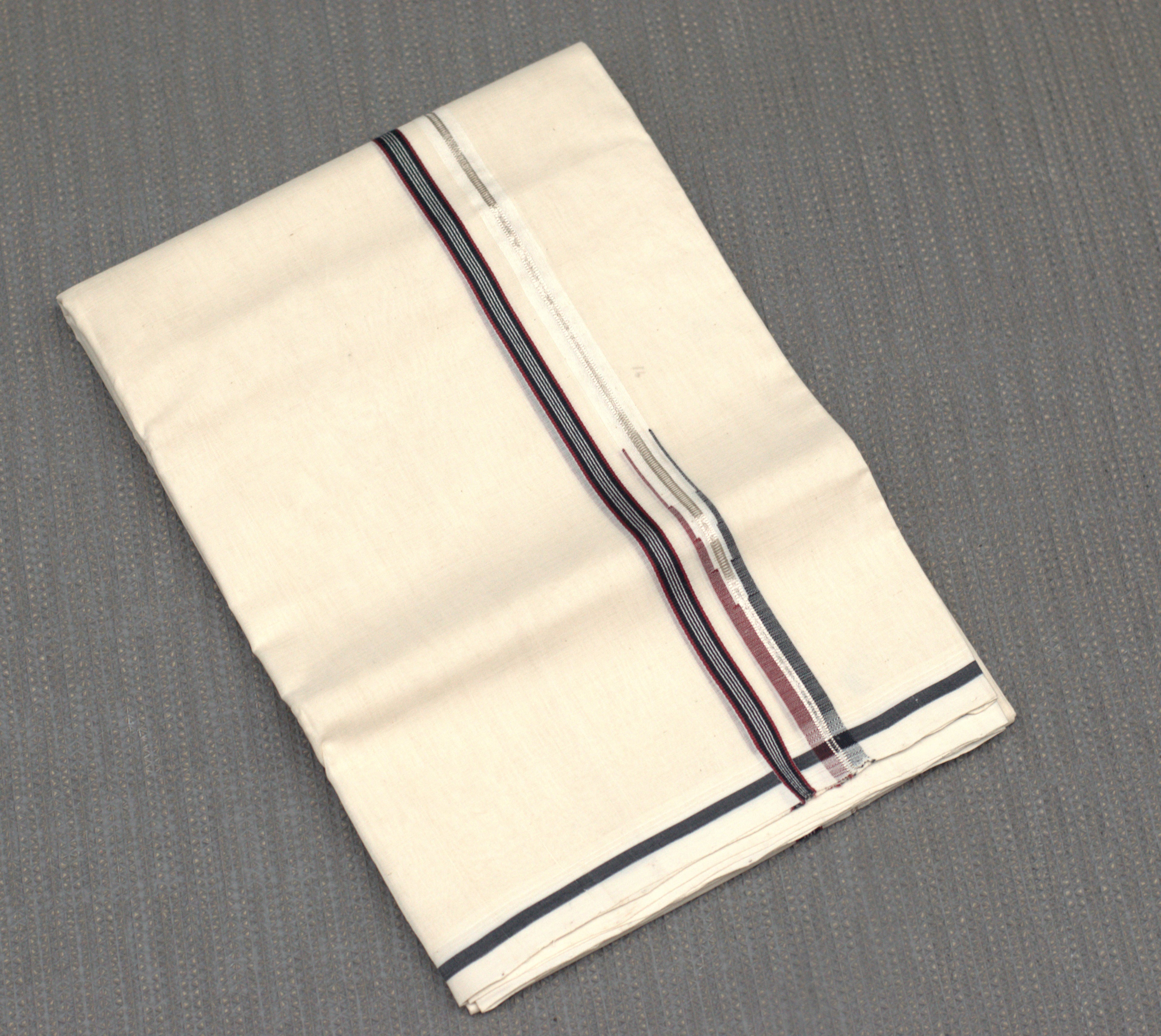 Classic Off-White Cotton Double Mundu with Multi-Color Maroon & Navy Border