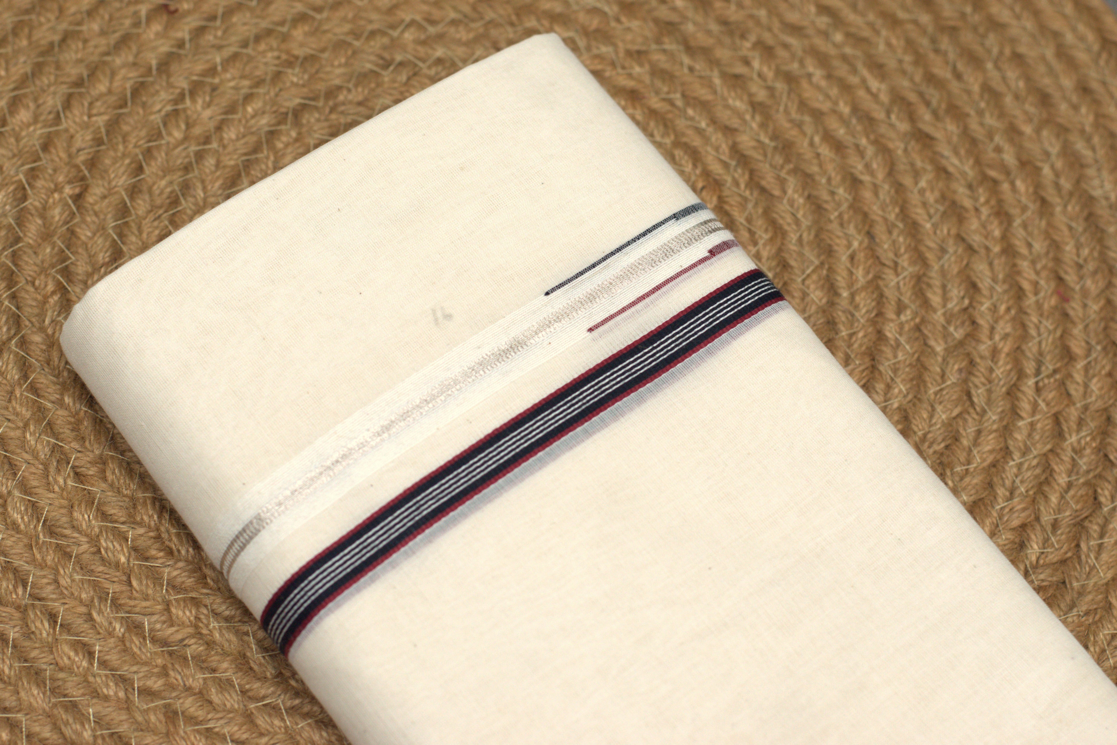 Classic Off-White Cotton Double Mundu with Multi-Color Maroon & Navy Border