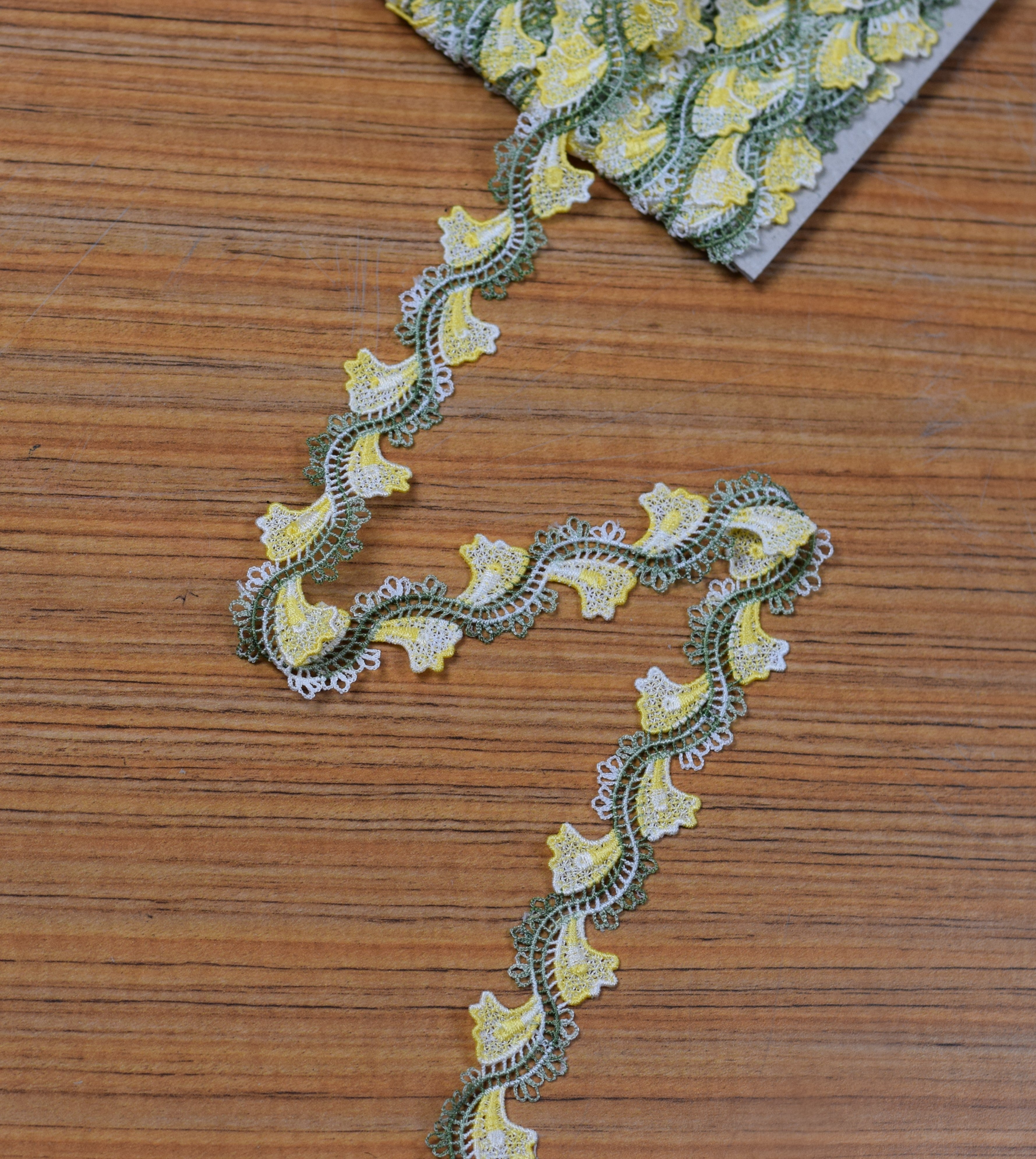 Yellow & Olive Green Floral Embroidered Lace Trim – 15 Yards (13.7 Meters) Decorative Border for Sarees, Blouses, Dresses &amp; Craft Projects