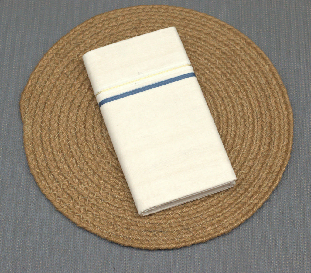Premium Off-White Cotton Double Mundu with Teal Blue