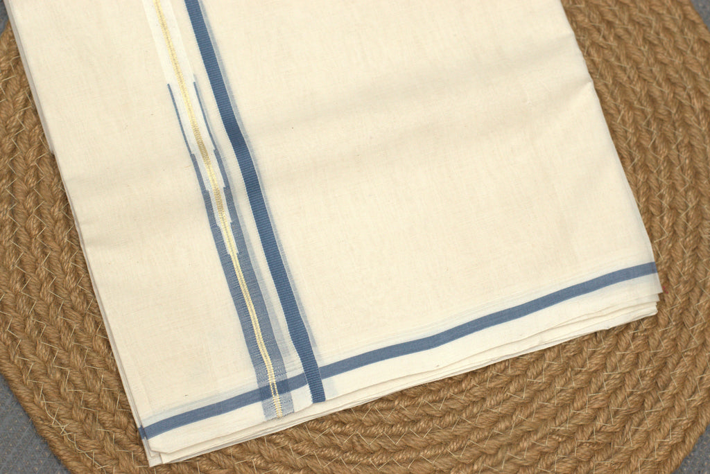 Premium Off-White Cotton Double Mundu with Teal Blue