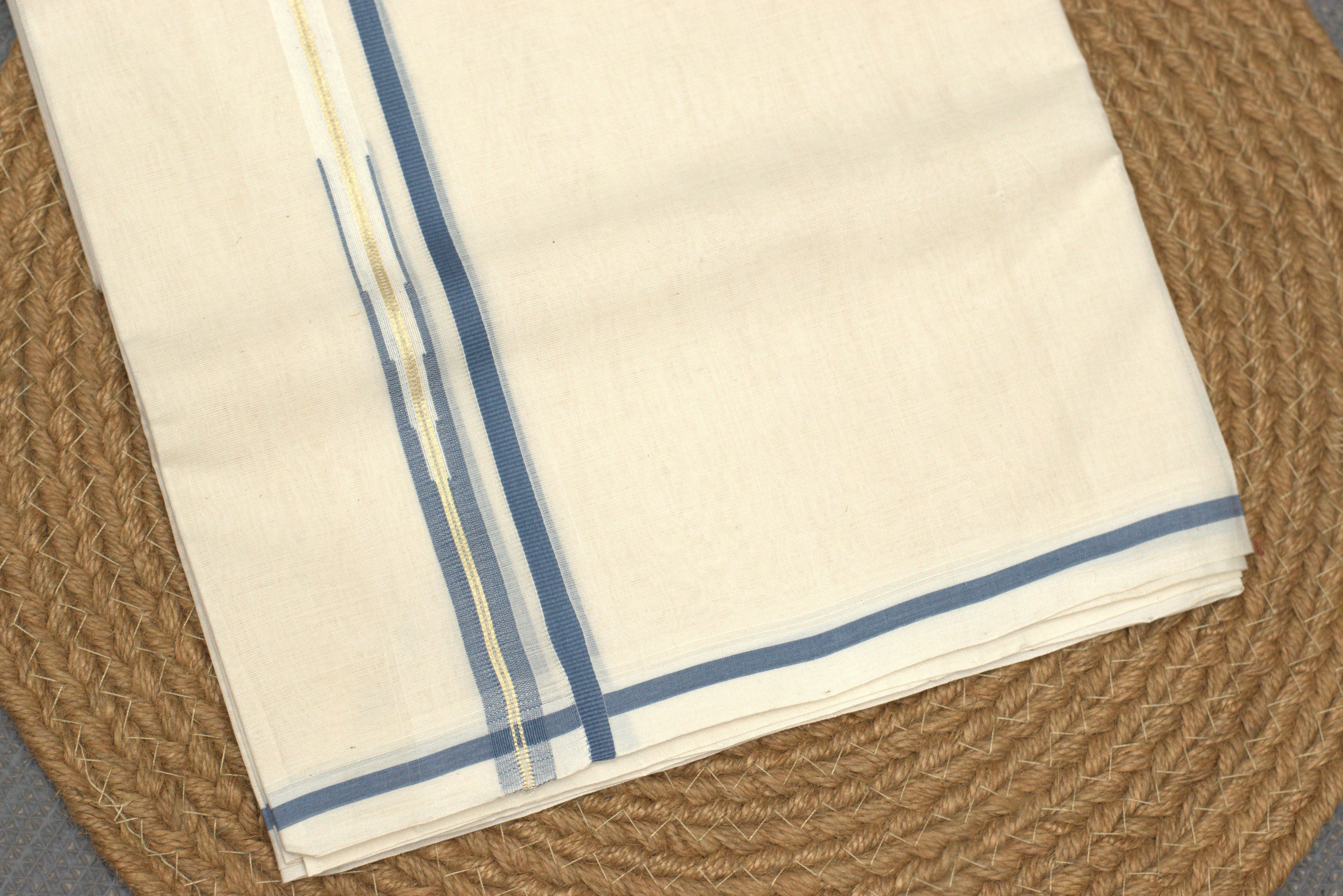 Premium Off-White Cotton Double Mundu with Teal Blue