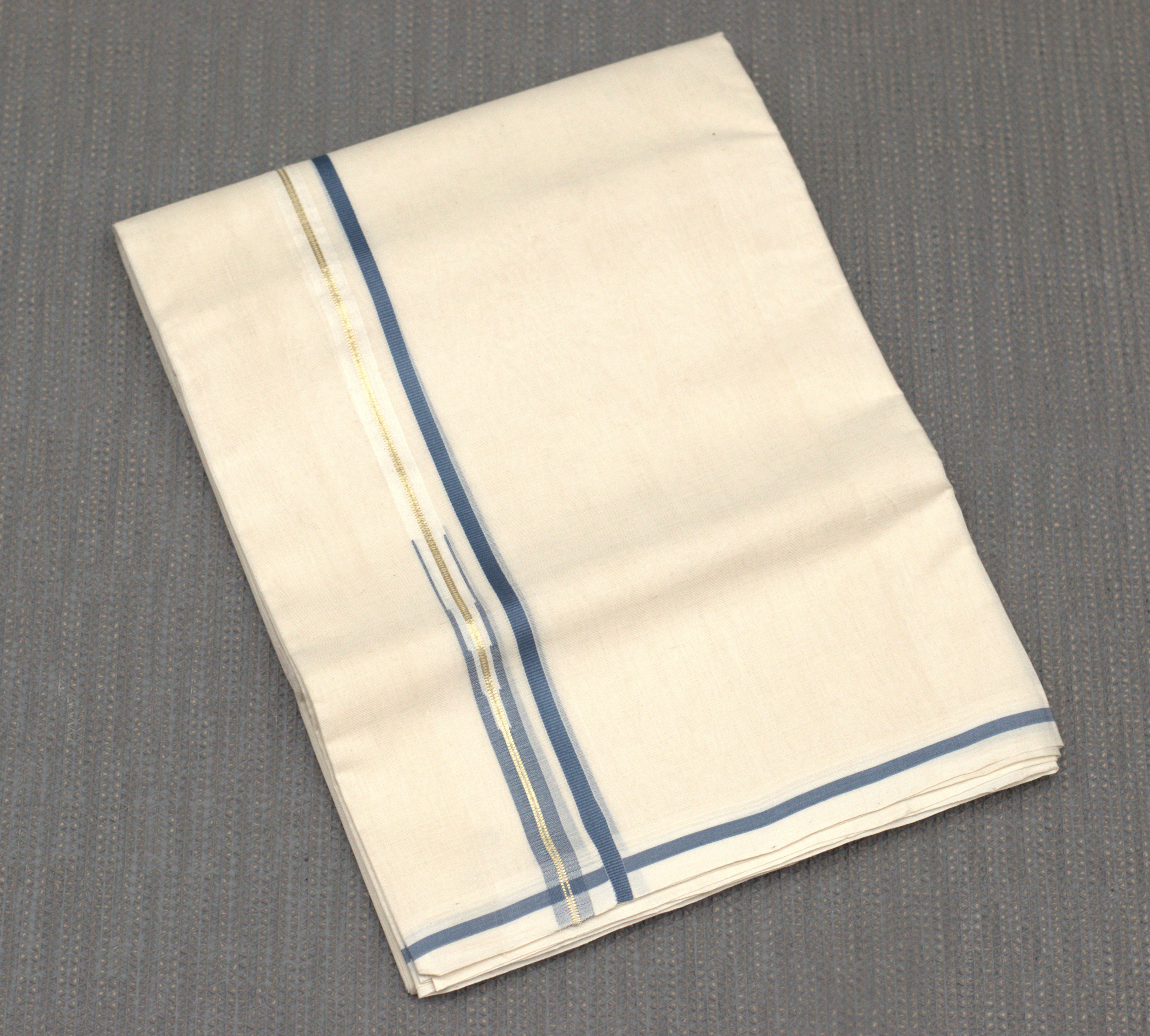 Premium Off-White Cotton Double Mundu with Teal Blue