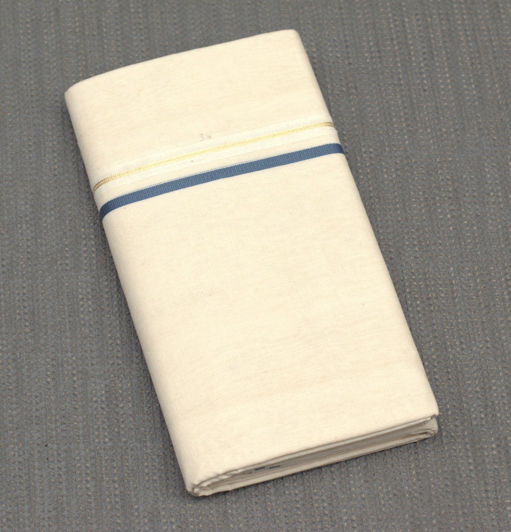 Premium Off-White Cotton Double Mundu with Teal Blue