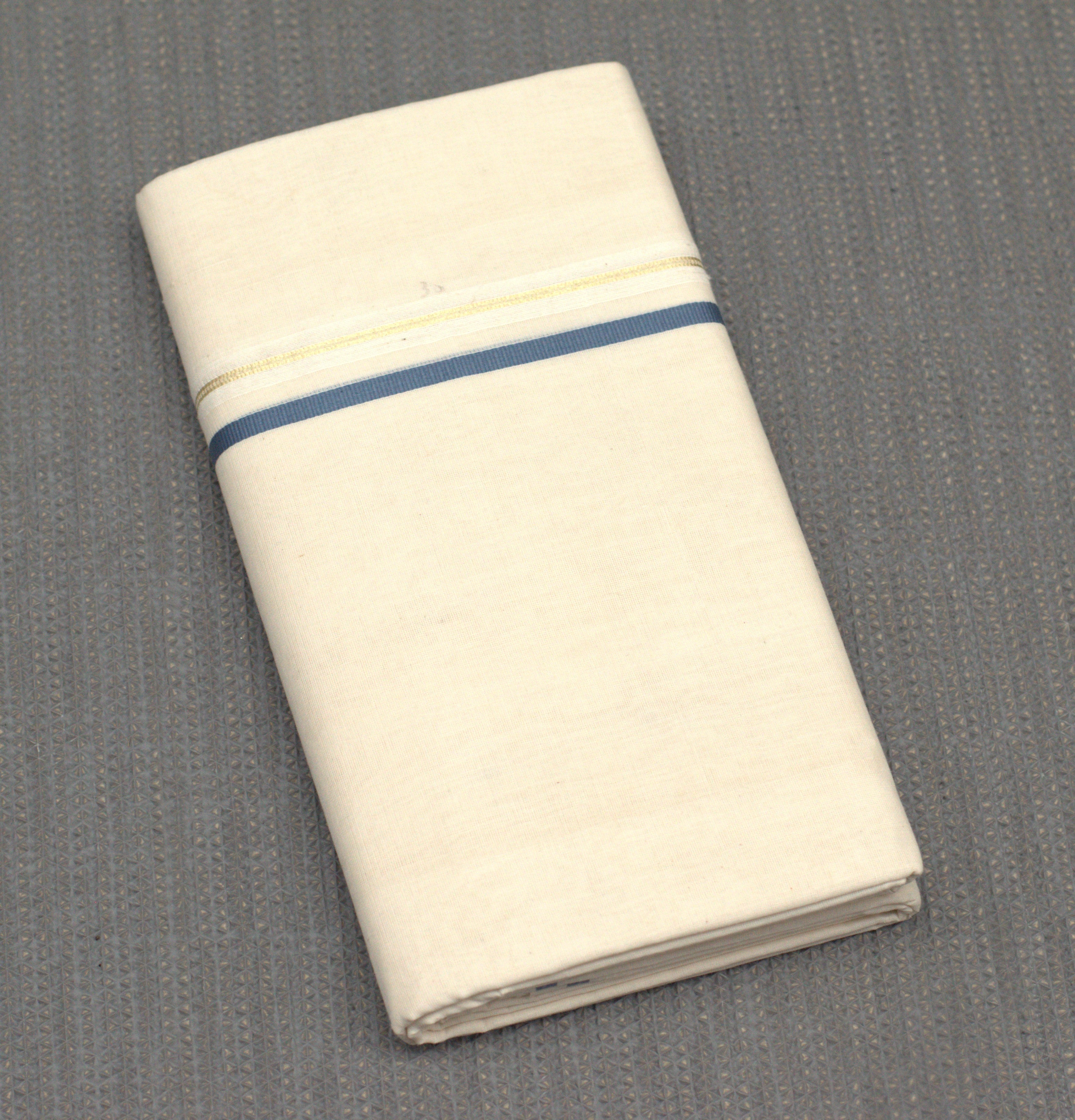 Premium Off-White Cotton Double Mundu with Teal Blue