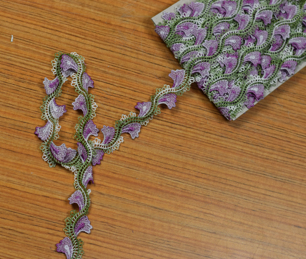 Purple & Olive Green Floral Embroidered Lace Trim – 15 Yards (13.7 Meters) | Decorative Sewing & Craft Lace