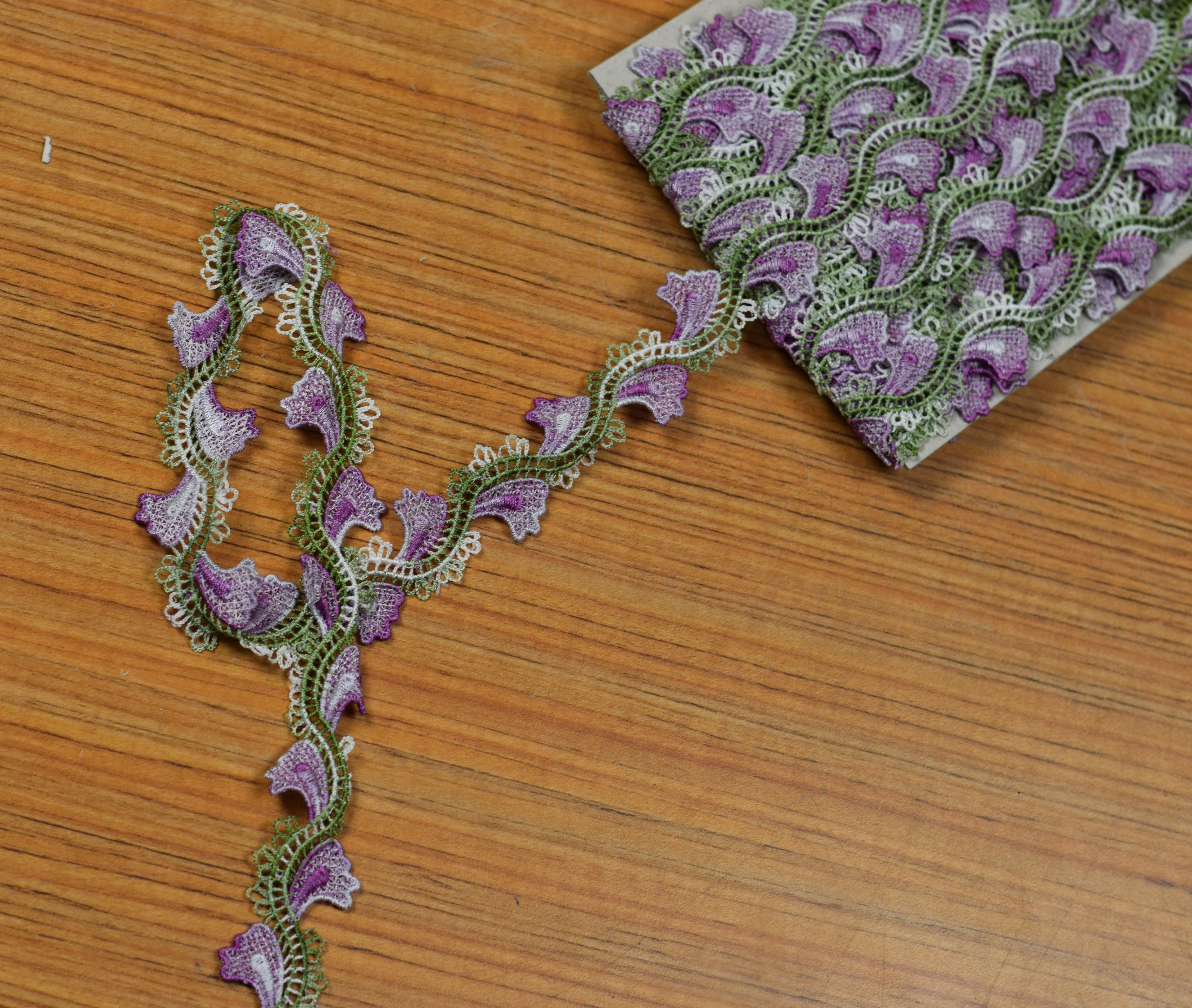 Purple & Olive Green Floral Embroidered Lace Trim – 15 Yards (13.7 Meters) | Decorative Sewing & Craft Lace