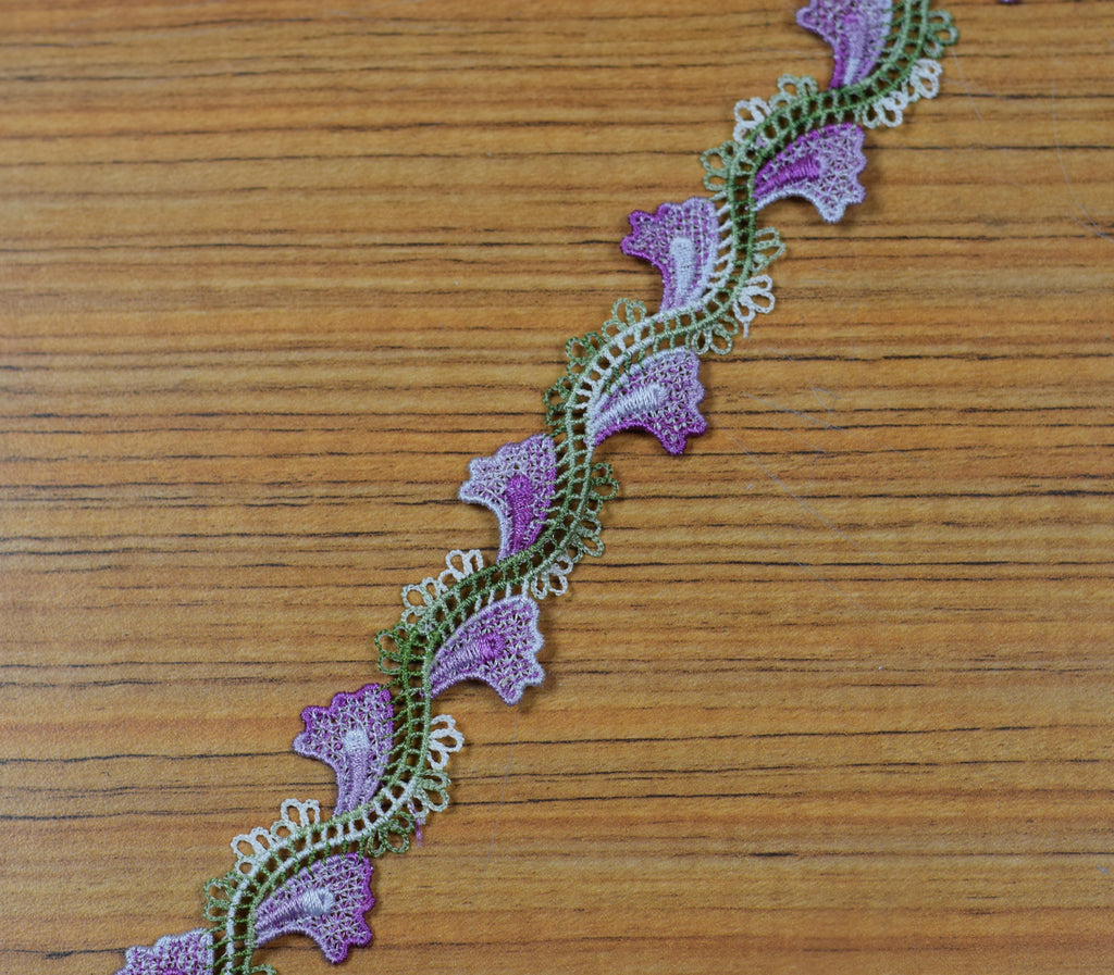 Purple & Olive Green Floral Embroidered Lace Trim – 15 Yards (13.7 Meters) | Decorative Sewing & Craft Lace