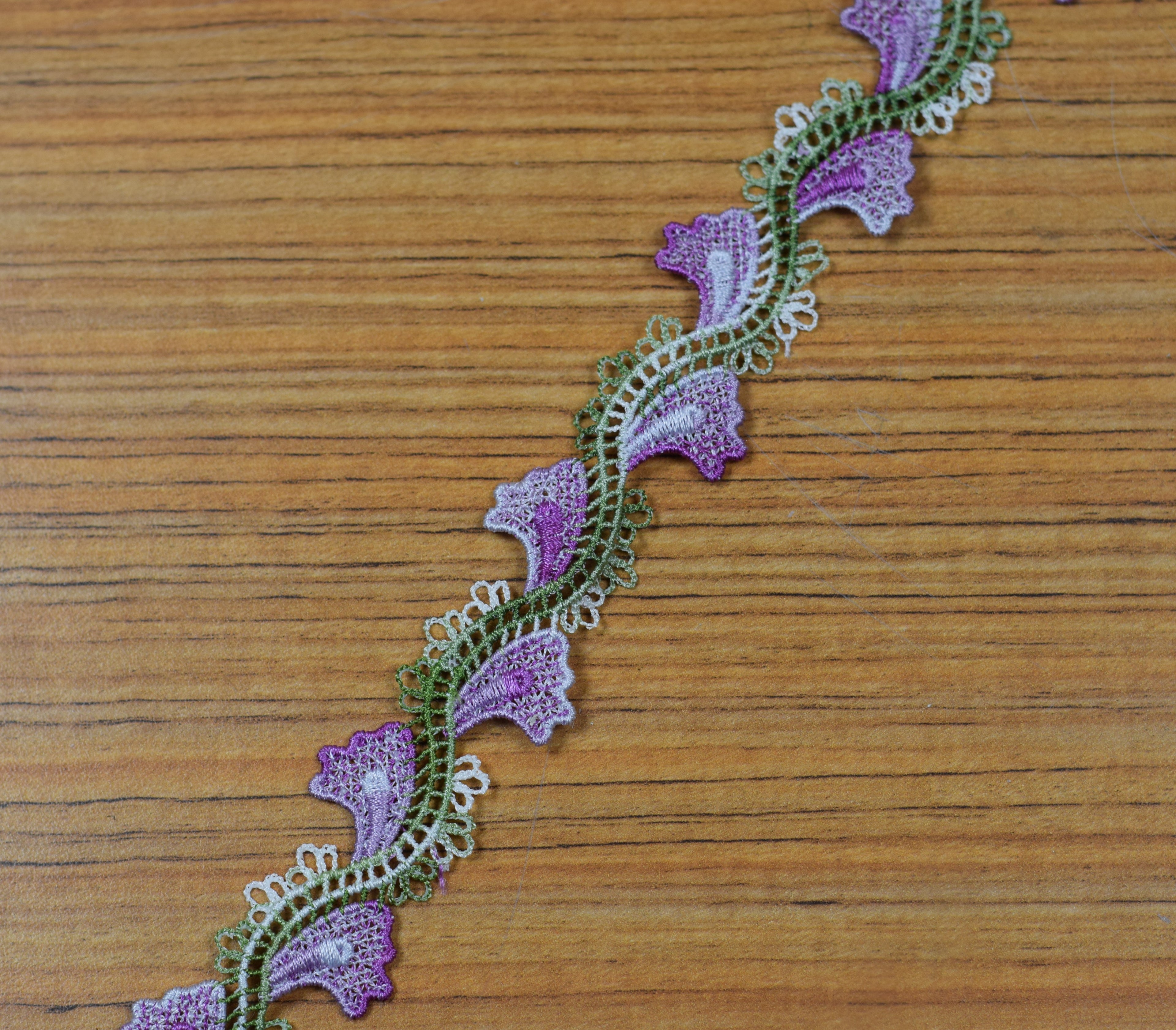 Purple & Olive Green Floral Embroidered Lace Trim – 15 Yards (13.7 Meters) | Decorative Sewing & Craft Lace