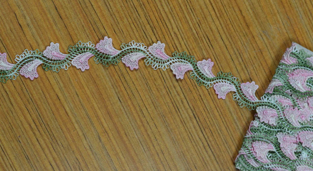 Floral Embroidered Lace Trim – Pink & Olive Green Decorative Border (15 Yards / 13.7 Meters)