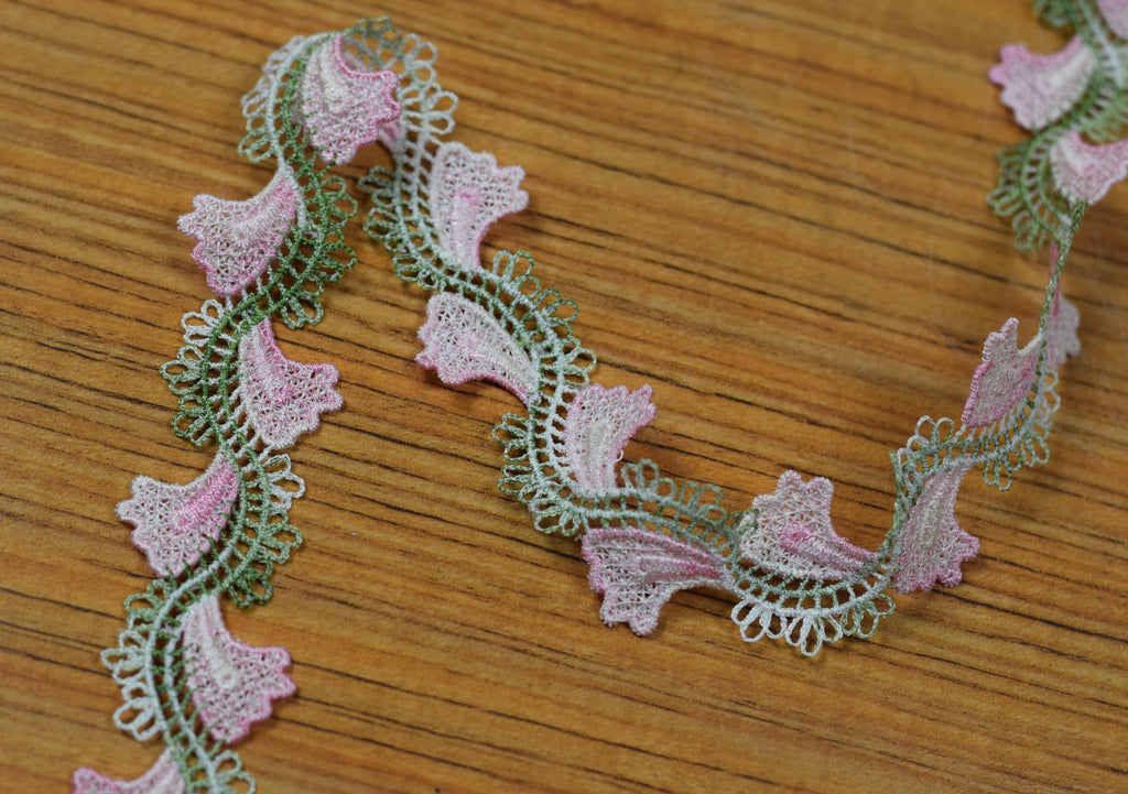 Floral Embroidered Lace Trim – Pink & Olive Green Decorative Border (15 Yards / 13.7 Meters)