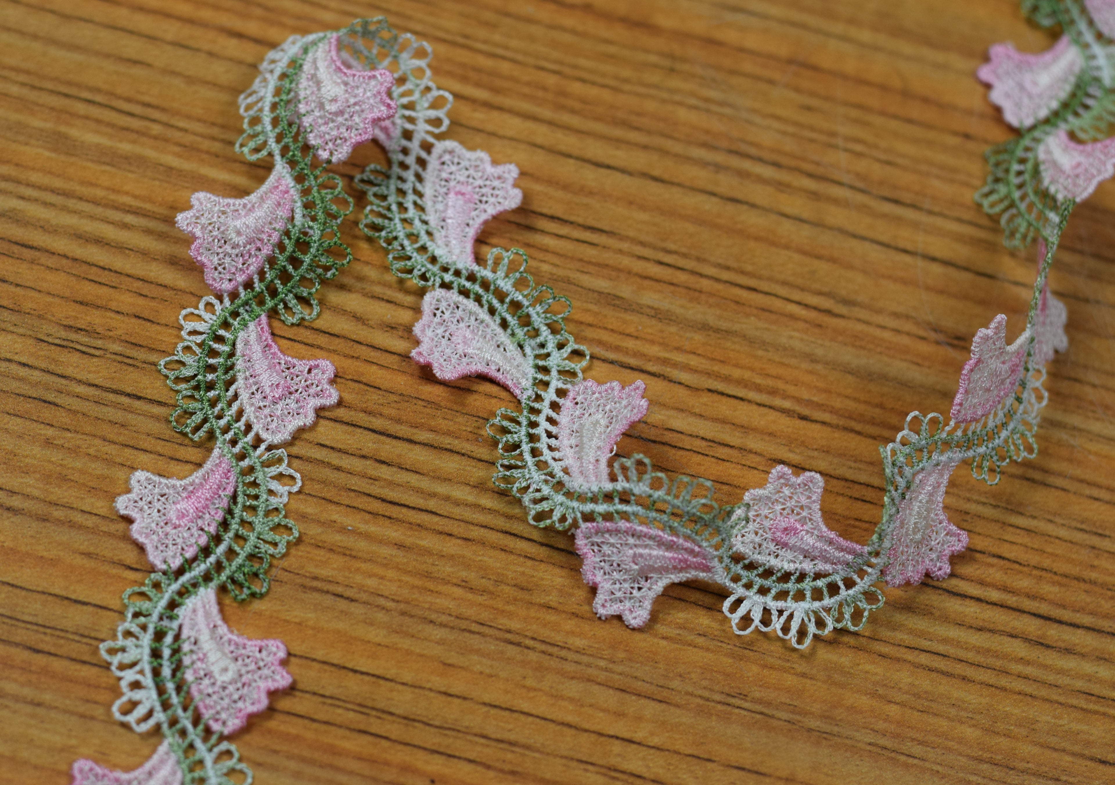 Floral Embroidered Lace Trim – Pink & Olive Green Decorative Border (15 Yards / 13.7 Meters)
