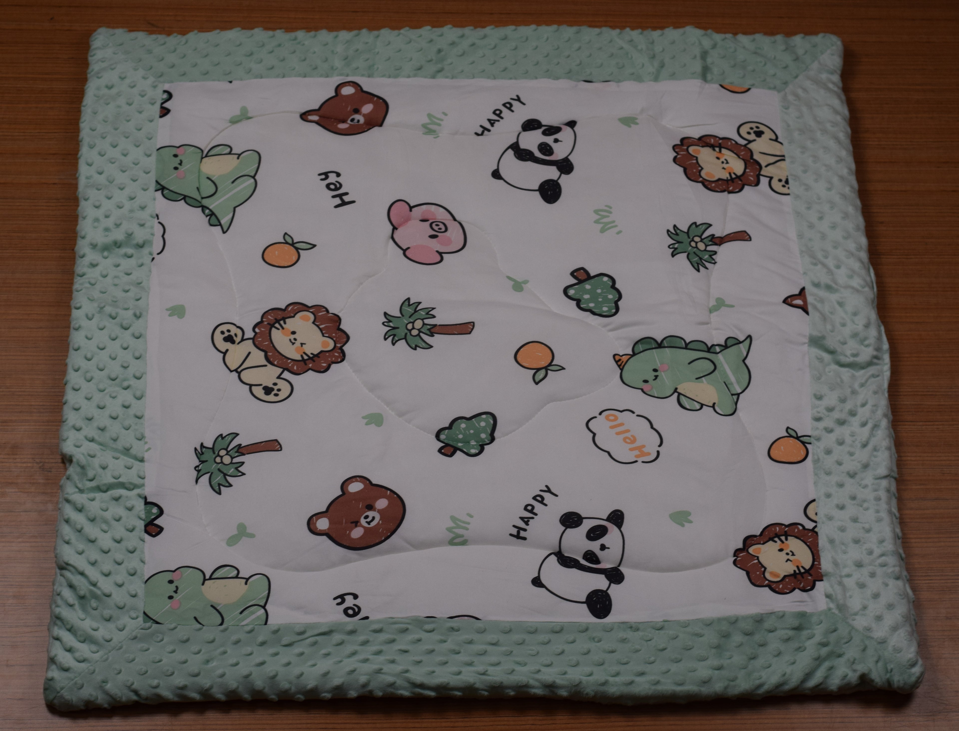 95 × 95 cm Ultra Soft Baby Minky Square Blanket – Plush Double Layer Receiving & Swaddle Blanket | Baby Green &amp; White Animal Print
