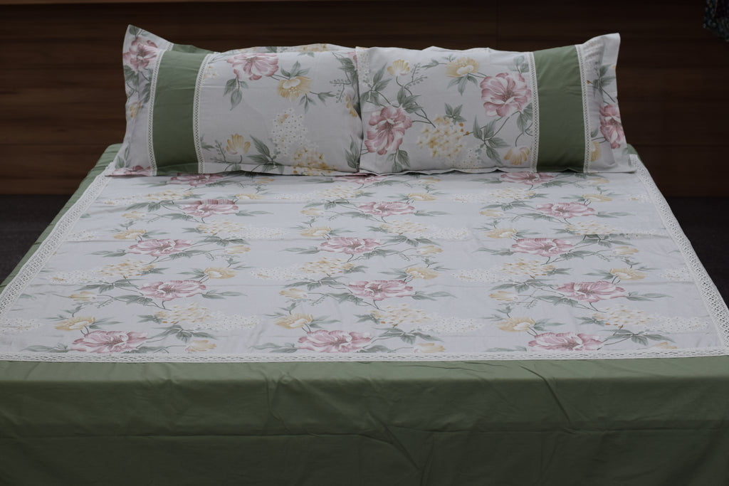 Sage Green Floral King Size Bedspread with Pillow Covers | Elegant Botanical Bed Cover