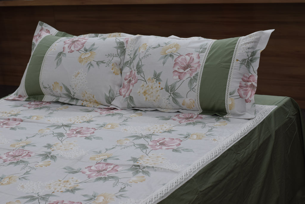 Sage Green Floral King Size Bedspread with Pillow Covers | Elegant Botanical Bed Cover
