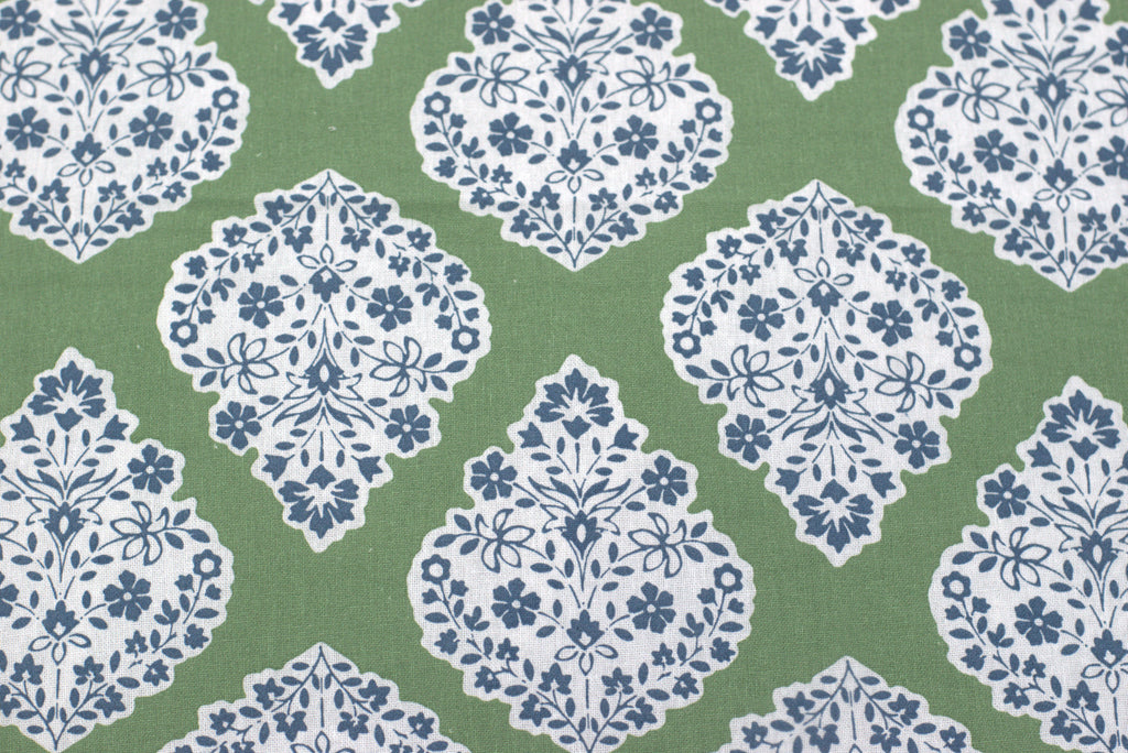 Premium Floral Sage Green Cotton King Size Bedspread with Navy Blue Border
