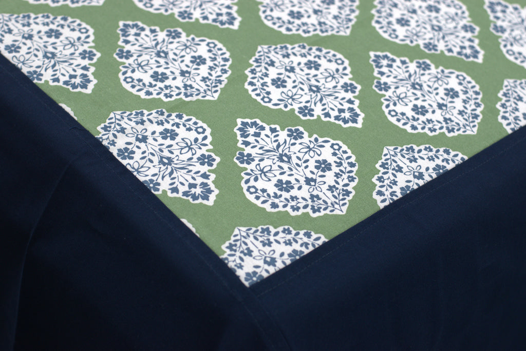 Premium Floral Sage Green Cotton King Size Bedspread with Navy Blue Border