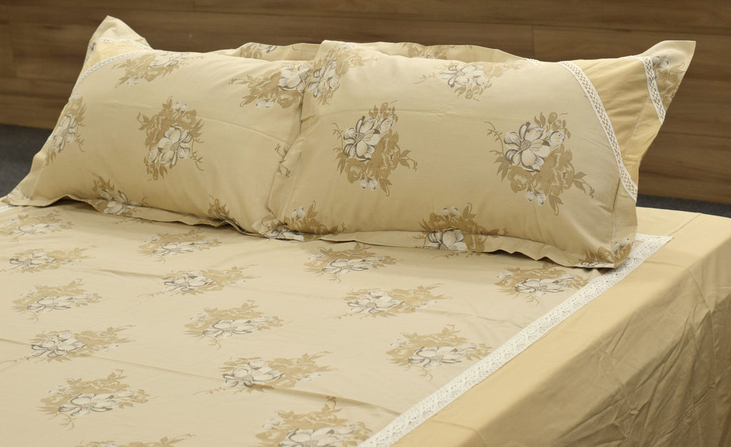 King Size Floral Bedspread Set with 2 Pillow Covers – Beige | 96 x 102 Inches | Soft & Elegant Bedding