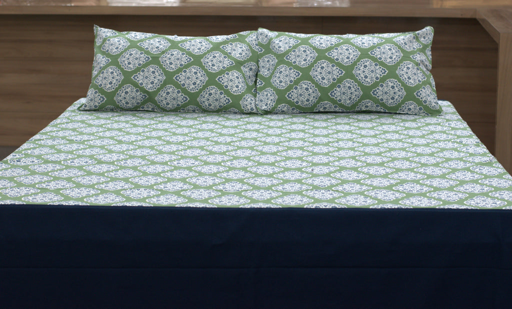Premium Floral Sage Green Cotton King Size Bedspread with Navy Blue Border