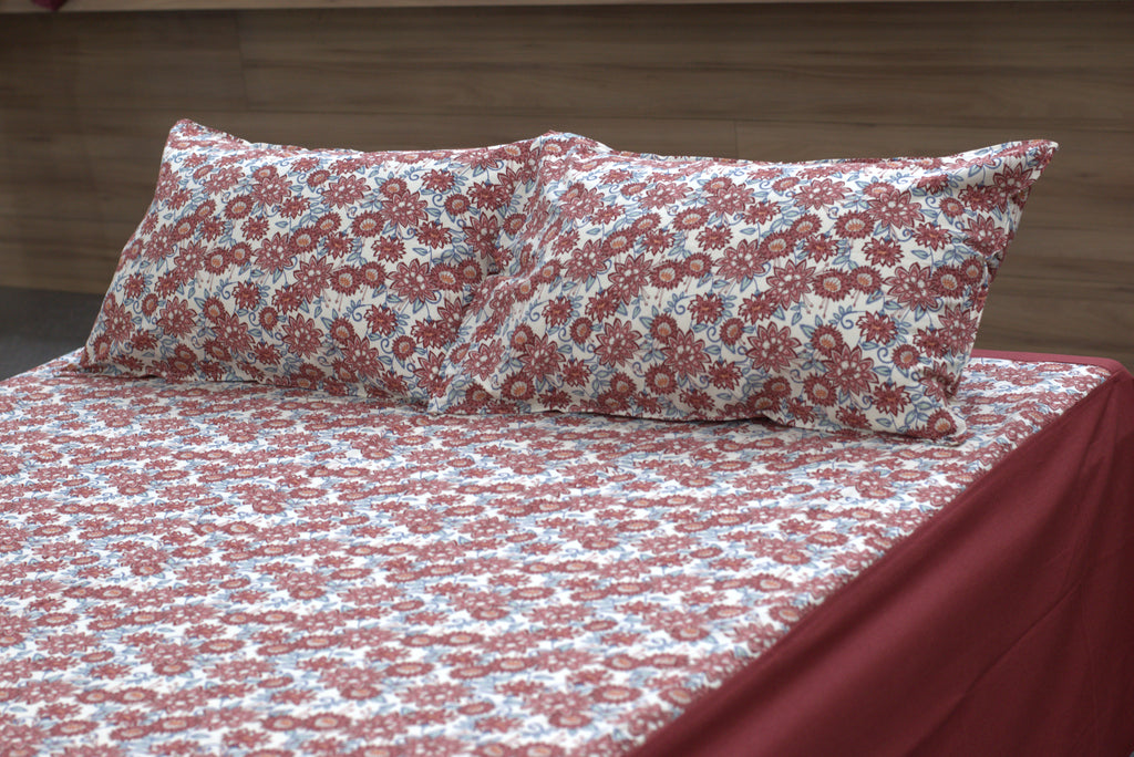 Premium Floral King Size Cotton Bedspread (100"x110") with Matching Pillow Covers - Maroon & Cream