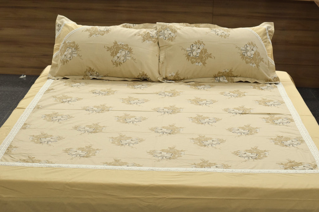 King Size Floral Bedspread Set with 2 Pillow Covers – Beige | 96 x 102 Inches | Soft & Elegant Bedding